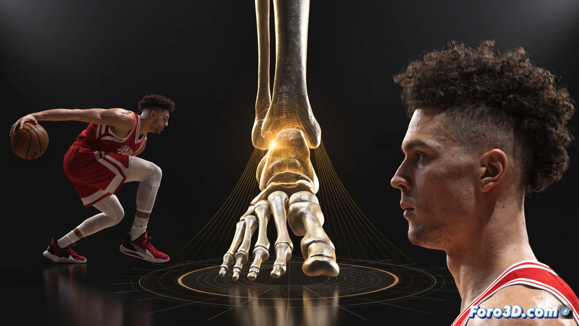 3D wireframe basketball player mid-spin move in low post, glowing skeletal tracking lines tracing footwork and pivot axis, translucent defensive opponent frozen in anticipation, basketball leaving fingertips with parabolic trajectory analysis, holographic court diagram showing passing lanes and spatial efficiency metrics, cinematic technical visualization, dark arena background with cyan and orange neon accents, volumetric fog, photorealistic athlete model with cyberpunk aesthetic, hyperdetailed muscle and joint articulation, Recraft AI render