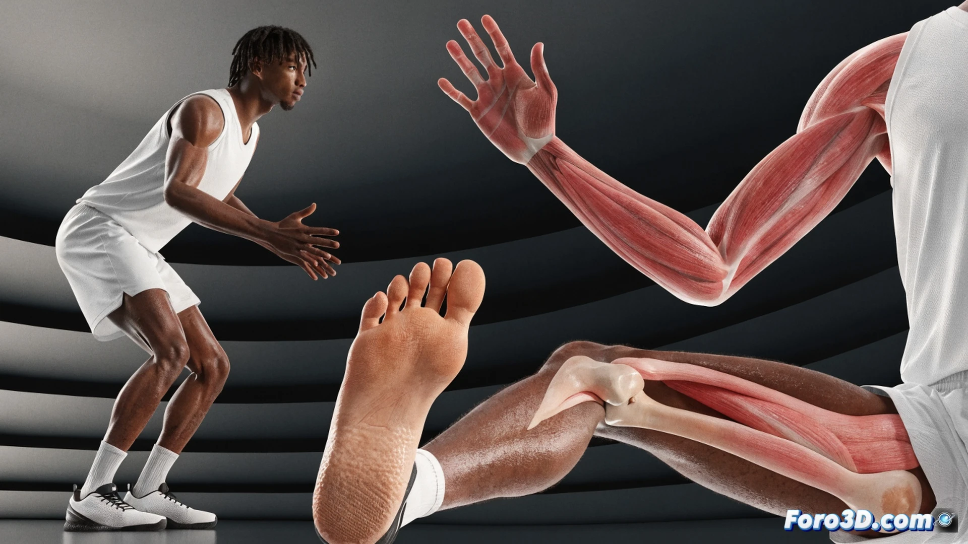 Basketball player Ausar Thompson in mid-air defensive slide, 3D biomechanical wireframe overlay on his body, glowing orange lines tracing foot arch structure and hip rotation during lateral movement, translucent skeletal model showing joint angles, court floor with motion blur, basketball rim in background out of focus, blue and red heatmap gradients on legs indicating explosive force distribution, cinematic technical illustration, dark gymnasium lighting, photorealistic engineering visualization, ultra-detailed muscle fibers visible through semi-transparent skin, Recraft.ai