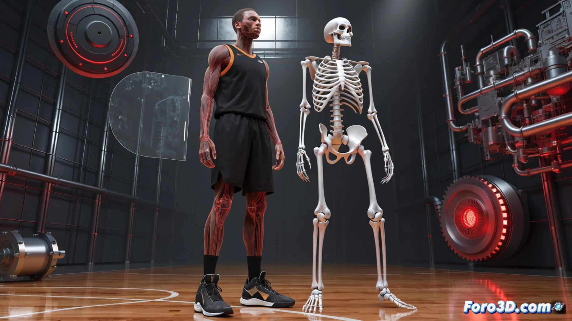 NBA player Brandon Ingram mid-jump shot, elongated torso and 2.21-meter wingspan creating an unusual center of gravity, feet barely off the floor while releasing the ball over a taller defender, biomechanical analysis overlay showing skeletal joint angles and limb trajectories, motion-capture markers on his shooting arm, 3D wireframe mesh highlighting his long limbs and low vertical displacement, technical engineering visualization with translucent muscle layers and force vectors, dark studio background with cool blue and orange accent lighting, photorealistic render, cinematic depth of field