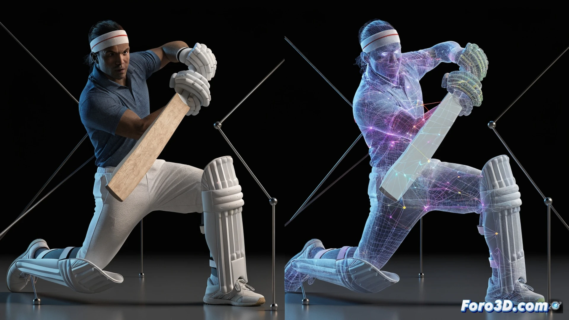 Cricket batter Angelo Mathews in mid-strike during a cover drive, 3D wireframe overlay tracing his bat swing path and hip rotation, biomechanical analysis lines showing shoulder angle and wrist hinge, glowing motion-capture markers on joints, technical engineering visualization with translucent skeletal model, blue and orange digital grid floor, bat face angled precisely toward off-side, realistic muscle tension in forearms and legs, photorealistic sports science render, dramatic stadium lighting, high-speed action frozen in time.