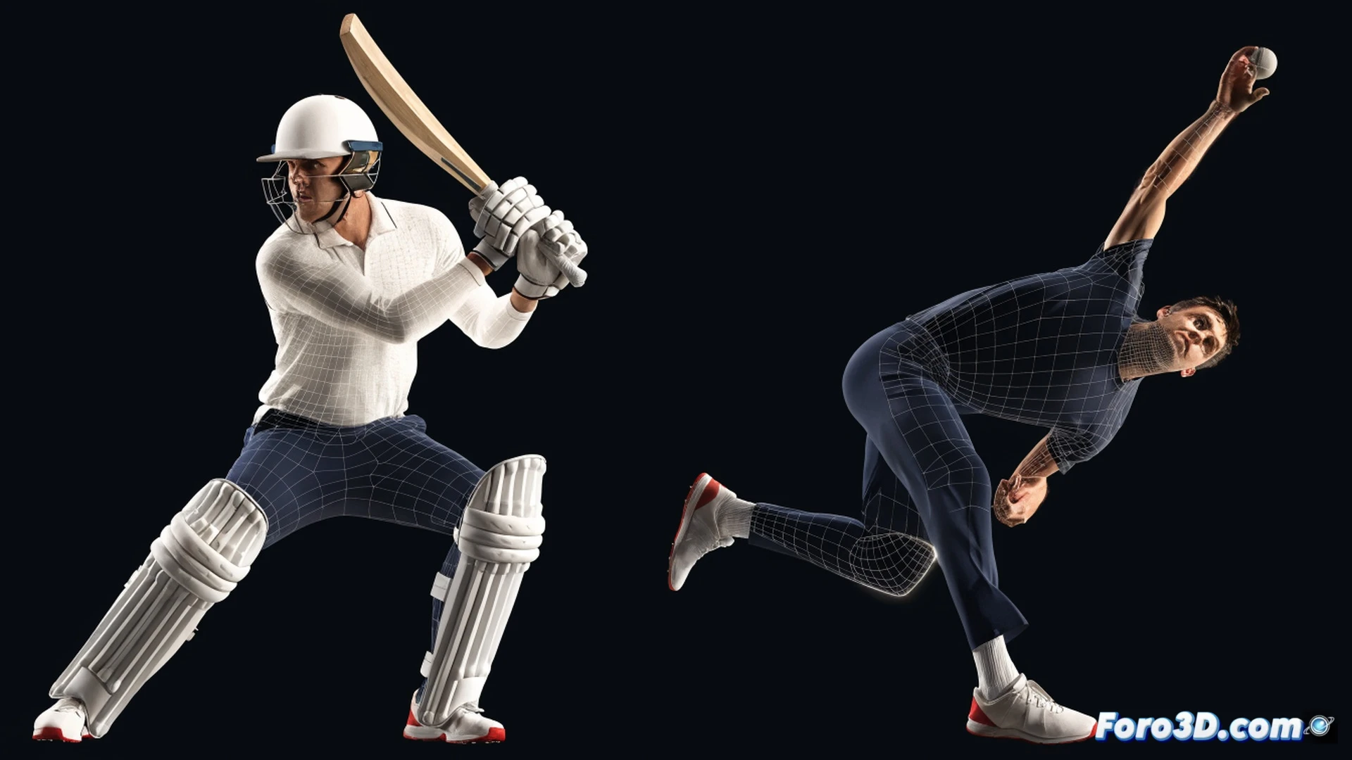 biomechanical 3D analysis of Ashton Agar cricket action, left-handed batsman in defensive stance at crease, right arm delivering spin ball with visible finger rotation, wireframe skeleton overlay showing torque in torso and hips, motion path lines tracing bat swing and ball trajectory, technical engineering visualization with translucent muscle layers, green pitch surface, white cricket gear, blue LED grid floor, holographic data panels floating nearby showing angular velocity and joint angles, ultra-detailed photorealistic render, cinematic lighting from above, depth of field blur on background stadium