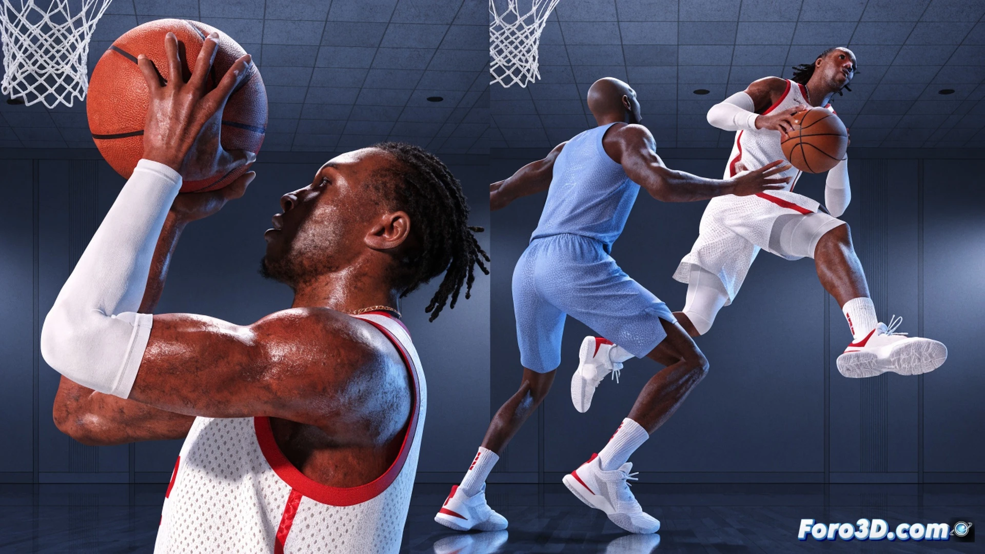 basketball player mid-range jump shot motion capture, player body contorted mid-air creating separation from defender, glowing skeletal wireframe overlay tracking shooting arm arc and wrist flexion, ball at release point with no three-point line visible, technical engineering visualization, dark studio background with grid floor, red and blue motion trails showing footwork and pivot sequence, photorealistic biomechanical analysis render, cinematic spotlight on player torso and hand position, ultra-detailed muscle tension and joint angles