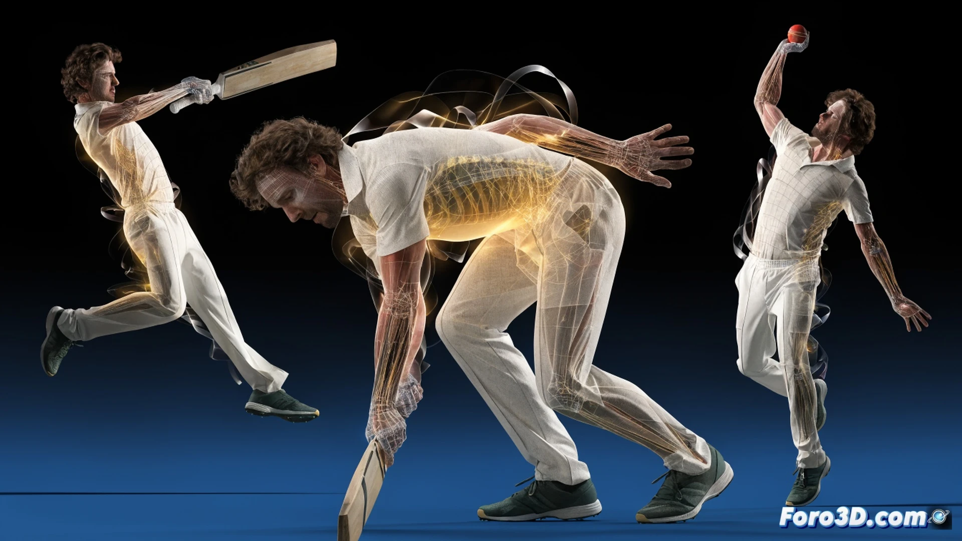 Glenn Maxwell executing reverse sweep in cricket biomechanics simulation, 3D skeletal wireframe overlay highlighting rotational torque in shoulders and wrists, bat angle defying conventional swing path, ball spinning with exaggerated side-axis deviation, motion blur on bat swing, glowing trajectory lines from blade edge, technical engineering visualization, digital human model with muscle fiber mapping, dark studio background with dramatic spotlight, photorealistic anatomy render, high-speed action frozen mid-stroke