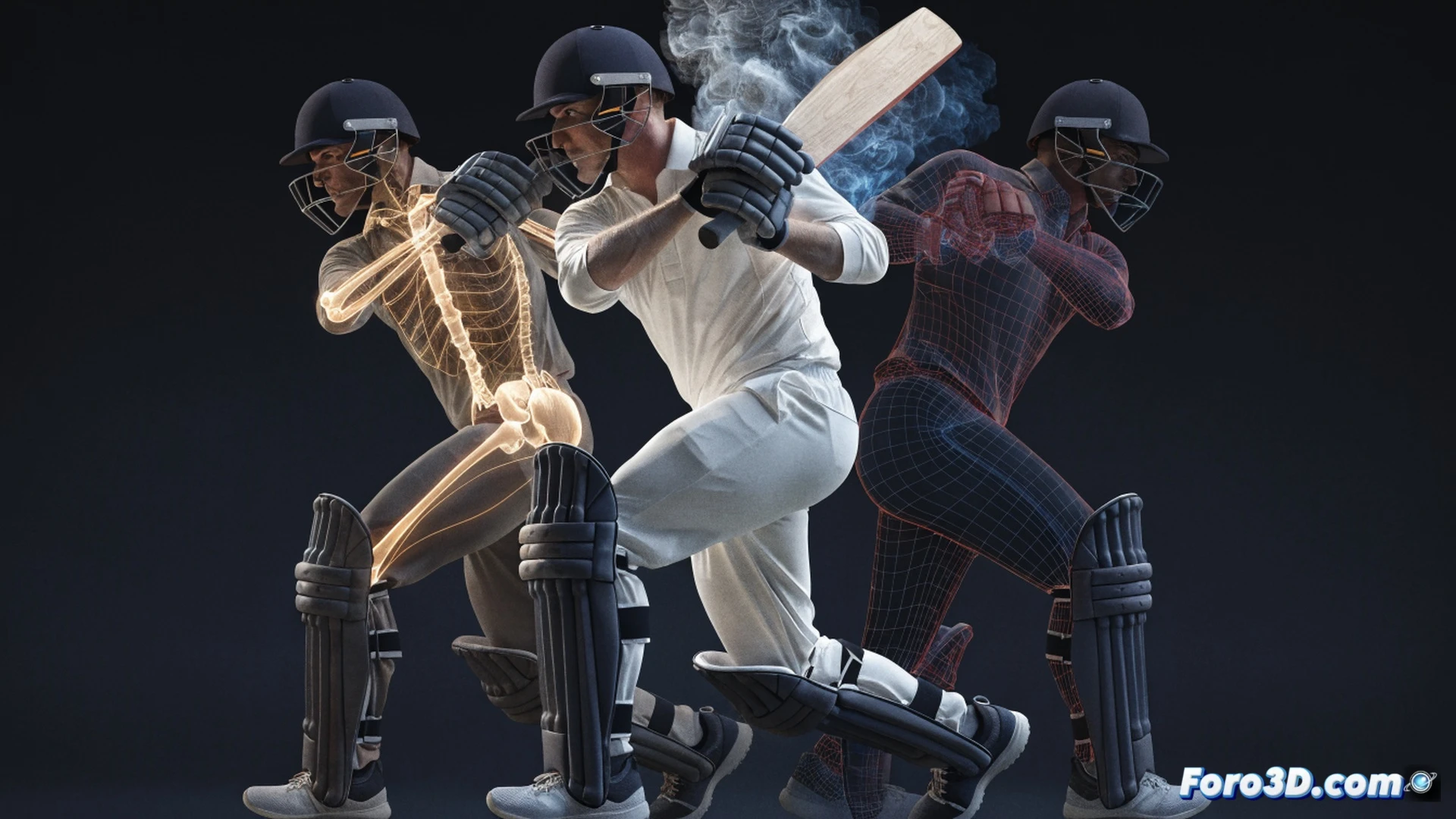 cricket batsman Jonny Bairstow in mid-swing during a drive, 3D motion capture skeleton overlaying his body showing weight shifted excessively onto back foot, front foot hovering off ground at point of ball contact, biomechanical stress lines glowing red along rear leg and lower back, bat angle tilted awkwardly, ball approaching with spin trajectory, technical engineering visualization, wireframe grid floor, muscle and joint strain indicators, photorealistic human anatomy with translucent holographic data overlays, dramatic stadium lighting, ultra-detailed sports biomechanics render