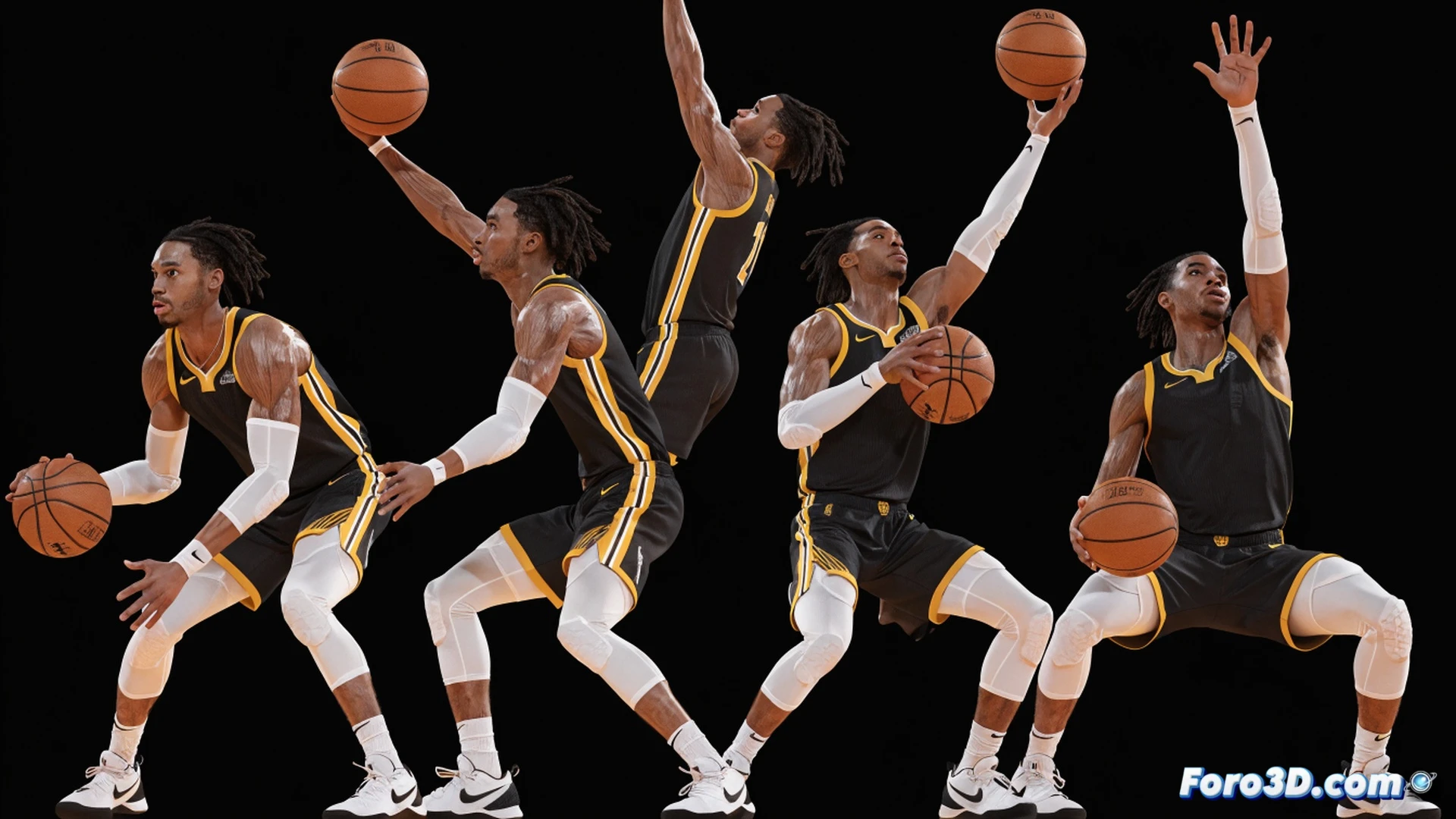 basketball player mid-air shooting motion, erratic ball handling with glowing trajectory lines showing unpredictable spin and arc, 3D wireframe overlay of player body mechanics and joint angles, floor with heatmap zones of shooting positions, technical engineering visualization, dark court background with neon blue and orange accent lighting, photorealistic player model with translucent skeletal and muscle layers, motion blur on ball and hands, data points floating around player showing release angle and velocity metrics, dramatic spotlight from above, ultra-detailed court texture