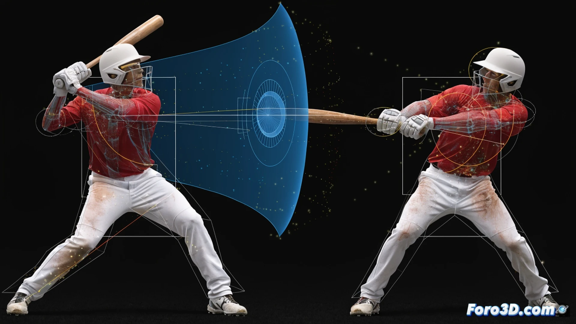 neozelandés bateador zurdo de cricket en postura de golpeo, análisis 3D mostrando juego de pies rápido con flechas de movimiento dinámico, plano del bate ajustándose en el último segundo con líneas de trayectoria curvas, modelo poligonal wireframe superpuesto sobre el cuerpo en acción de swing, herramientas técnicas como diagramas de biomecánica y curvas de velocidad angular, fondo oscuro con rejilla de referencia 3D, iluminación dramática de estudio técnico, render fotorrealista estilo ilustración de ingeniería deportiva