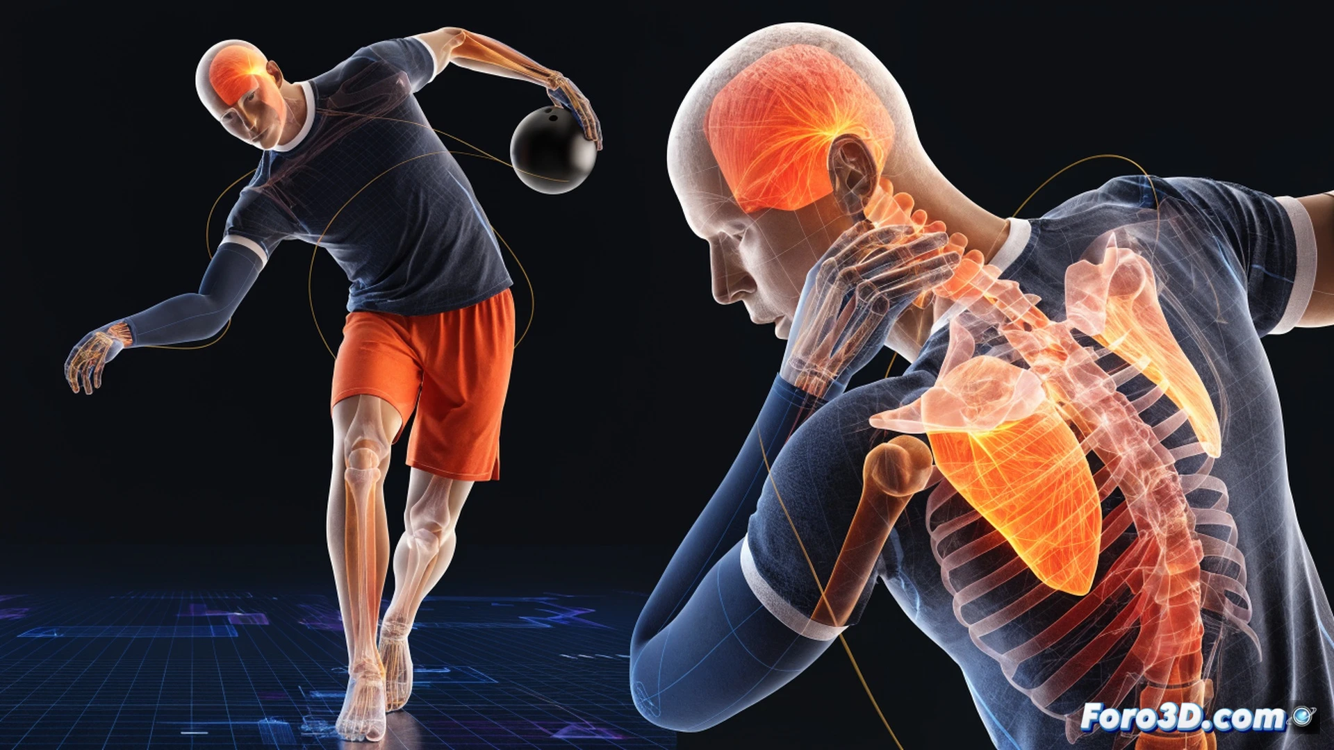 biomechanical 3D analysis of Matthew Kuhnemann bowling action, left-arm spinner releasing cricket ball at unusual angle, shoulder rotation sequence shown with transparent skeletal overlay, joint torque vectors highlighted with glowing orange lines, wrist position during delivery arc, engineering visualization style, dark studio background, dramatic spotlight on arm motion, photorealistic human anatomy render, muscle fiber tension visible through semi-transparent skin, motion trail showing ball rotation axis, technical grid floor, ultra-detailed tendon and ligament simulation, cinematic medical illustration lighting