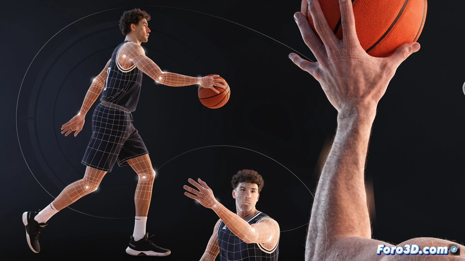 basketball player with 2.08 meters height dribbling ball like a point guard while launching a three-point shot, 3D analysis interface showing unusual passing angles and shooting space trajectories around his body, technical illustration style, wireframe skeleton overlay highlighting wingspan and hybrid body proportions, glowing motion lines tracing ball path, dark gym background with spotlight, photorealistic render, cinematic sports biomechanics visualization