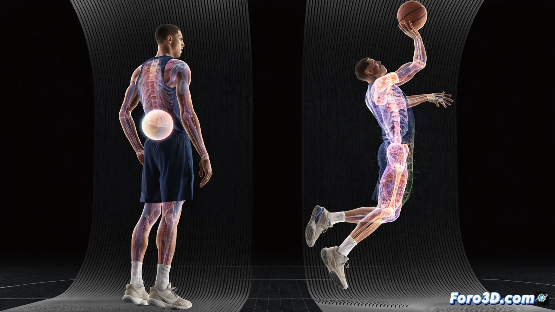 basketball player mid-stride during a rapid directional change, 3D motion capture skeleton overlay highlighting joint angles and center of gravity shift, biomechanical data points floating around the torso, technical engineering visualization with wireframe mesh, photorealistic rendering of muscle tension and shoe deformation on hardwood court, dynamic spotlight casting sharp shadows, high-contrast cinematic lighting, detailed muscle fiber definition, subtle court reflections, ultra-realistic human anatomy and fabric textures