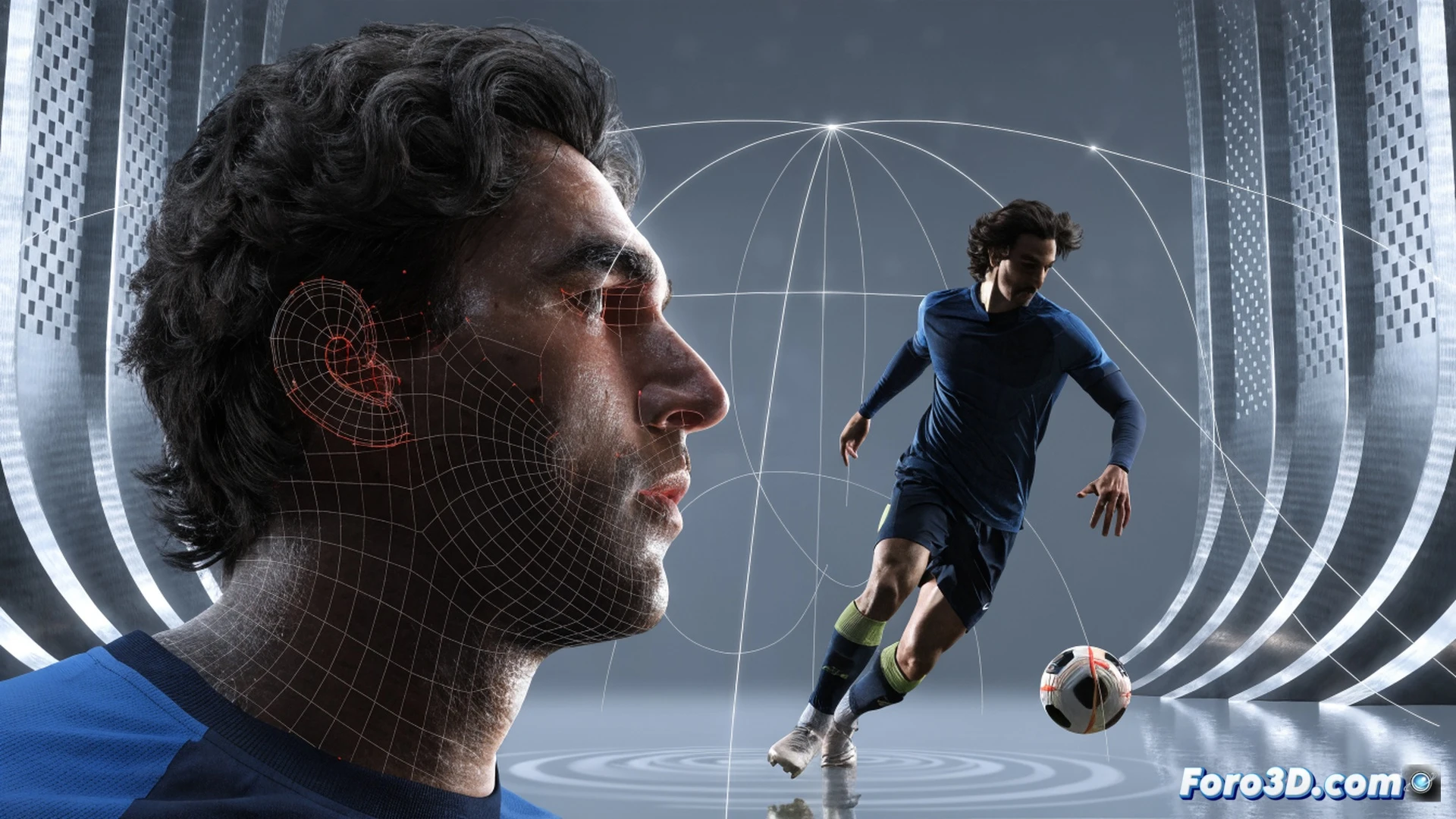 Sardar Azmoun executing a controlled turn in a tactical analysis room, three-dimensional player model with glowing joint angles and spatial awareness zones, transparent defensive lines collapsing around him, green trajectory arcs showing his movement into an unmarked pocket, holographic heatmap of pitch zones on a digital table, cinematic engineering visualization, dark studio lighting with blue accent glow, ultra-detailed human anatomy tracking, photorealistic technical render