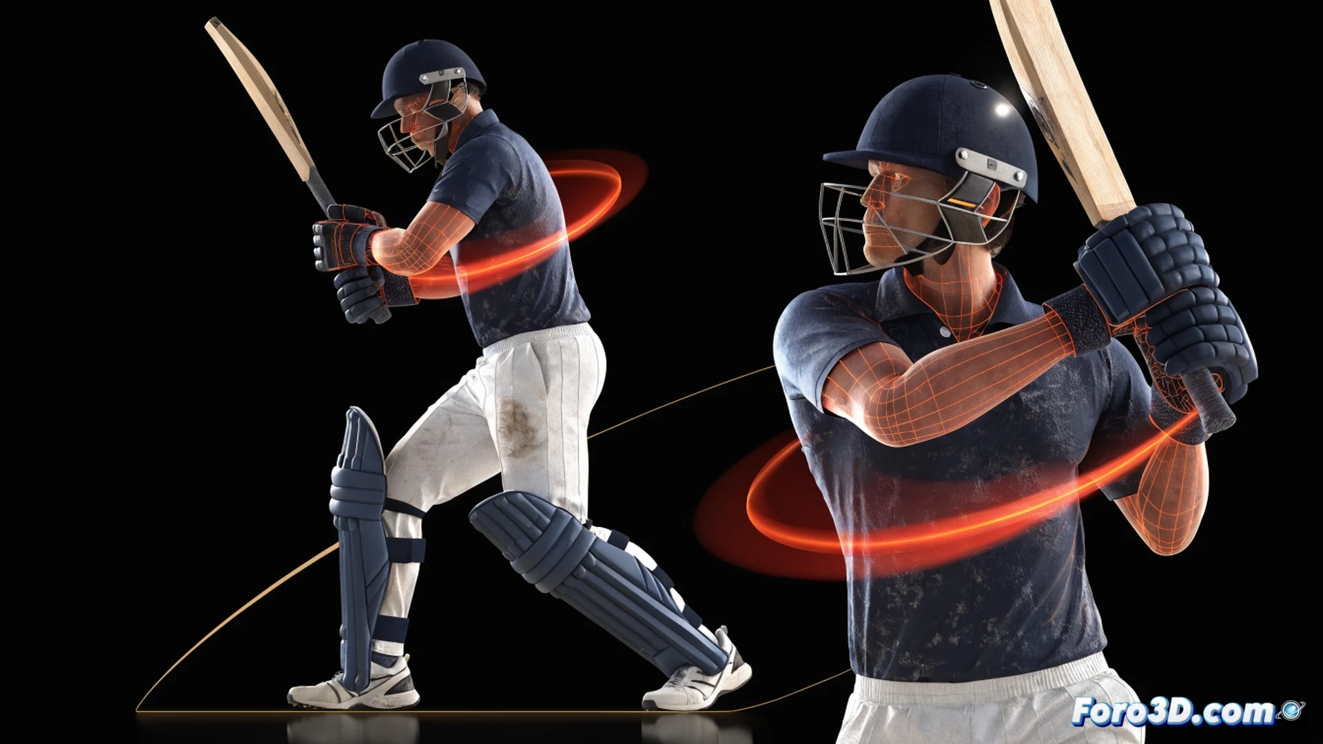 Professional cricket batter in 3D motion capture studio, Rassie van der Dussen mid-forward defensive stroke, high-speed camera array tracking bat angle and weight transfer, biomechanical skeleton overlay with glowing joint trajectories, center of gravity marked as a pulsing red sphere shifting from back foot to front foot, technical engineering visualization, wireframe grid ground plane, depth of field on bat face, cinematic volumetric lighting, photorealistic digital human model, muscle strain lines visible on forearms, ultra-detailed cricket gear texture, dark studio background with soft rim light