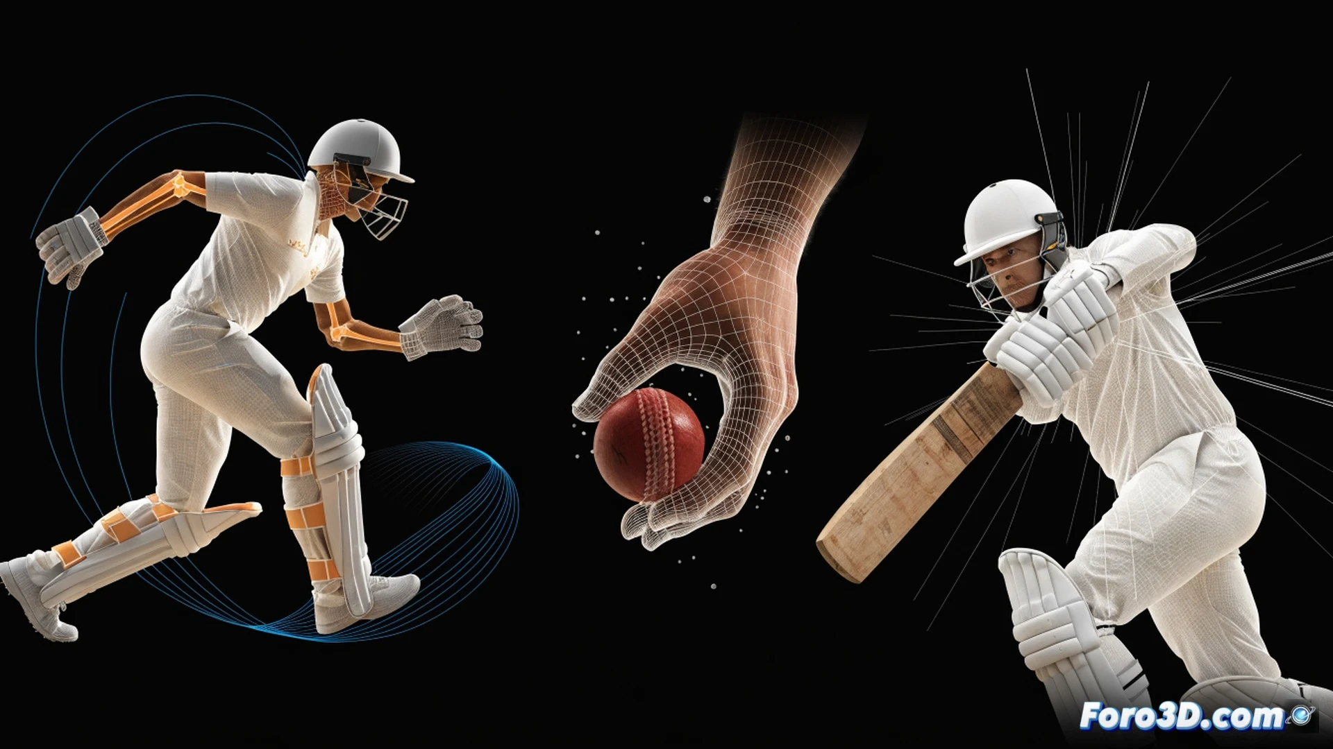 Cricket batsman mid-stroke analysis, Yashasvi Jaiswal in action showing front foot movement, bat swing arc traced with glowing motion lines, weight transfer sequence displayed as transparent ghost frames, pitch surface with ball trajectory arrows, 3D skeleton overlay highlighting ankle and hip rotation, technical engineering visualization, dark studio background with grid floor, cinematic spotlight from above, photorealistic muscular detail, cricket gear texture, slow-motion feel, ultra-sharp focus on foot placement