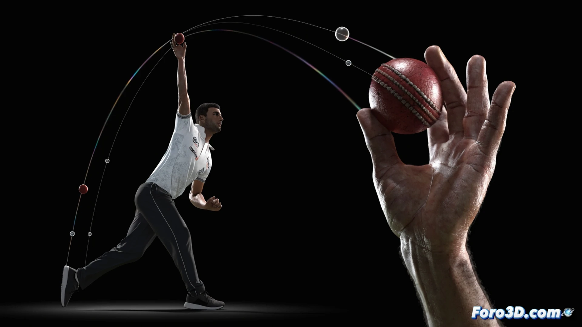 cricket bowler Naveen-ul-Haq mid-delivery sequence, high-speed camera capture, high arm angle release point, wrist flexion and finger pressure on seam causing differential air flow, complex seam orientation wobbling in flight, ball trajectory curving mid-air, 3D motion capture dots on arm and hand, wireframe skeleton overlay showing joint rotation, aerodynamic flow lines around ball, dark studio background with rim lighting, ultra-detailed skin texture, photorealistic sports biomechanics visualization, cinematic slow-motion effect, glowing tracer path from hand to pitch