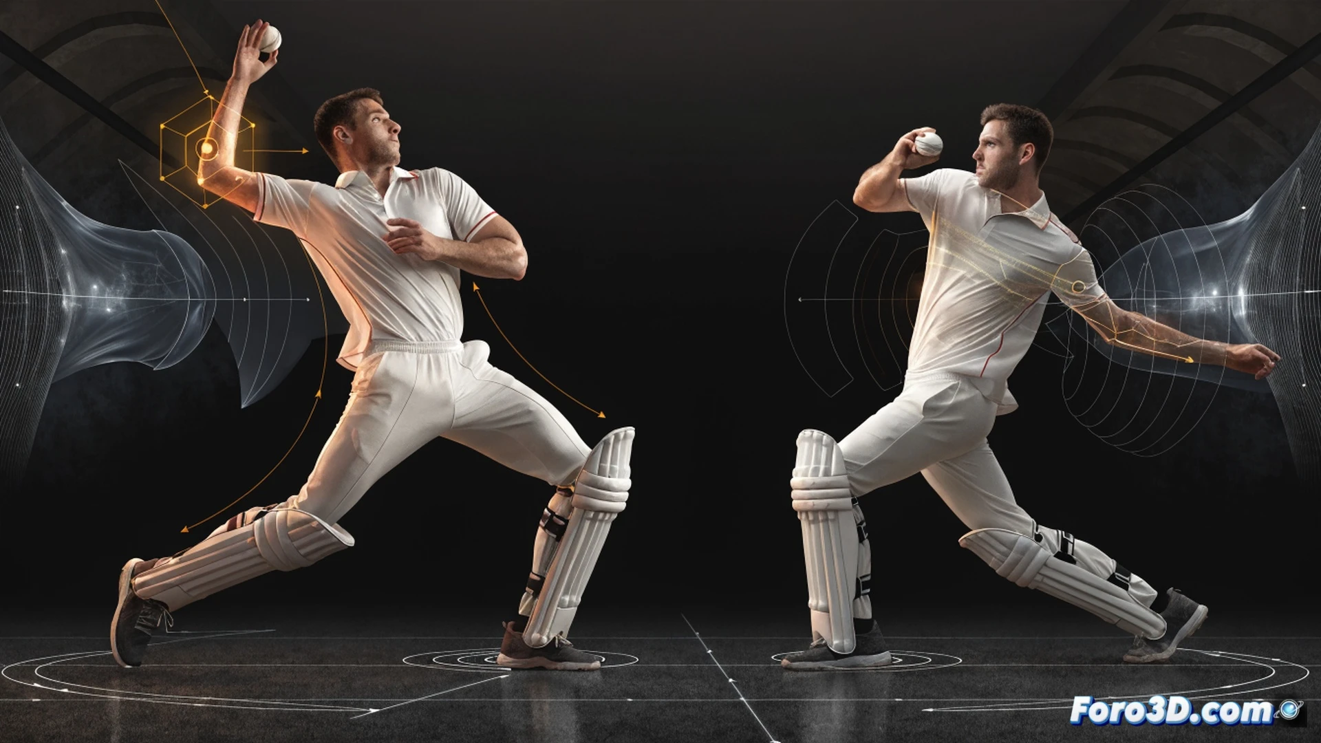 batsman Dawid Malan executing a precise back-foot punch, front knee bent at ninety degrees, bat face angled through cover point, three-dimensional biomechanical grid overlaying his torso and limbs, motion capture markers on shoulders and hips, glowing trajectory lines from bat swing showing angular attack path, cricket pitch with stumps visible, photorealistic technical illustration, dark studio lighting highlighting muscle tension and bat position, engineering visualization style, ultra-detailed sports biomechanics render