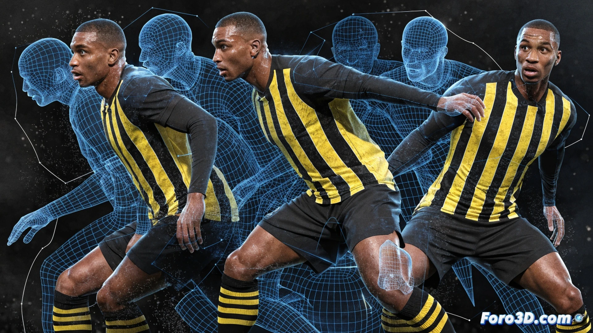 Borussia Dortmund defender Riyad Bensebaini performing a defensive aerial duel, jumping high to head a ball while tracking an opponent's run, 3D tactical analysis interface showing his positioning heatmap and movement vectors, wireframe stadium background with tactical grid overlay, cinematic engineering visualization, dynamic pose with muscles tensed, blue and yellow team colors, volumetric stadium lighting, motion blur on ball trajectory, photorealistic technical render