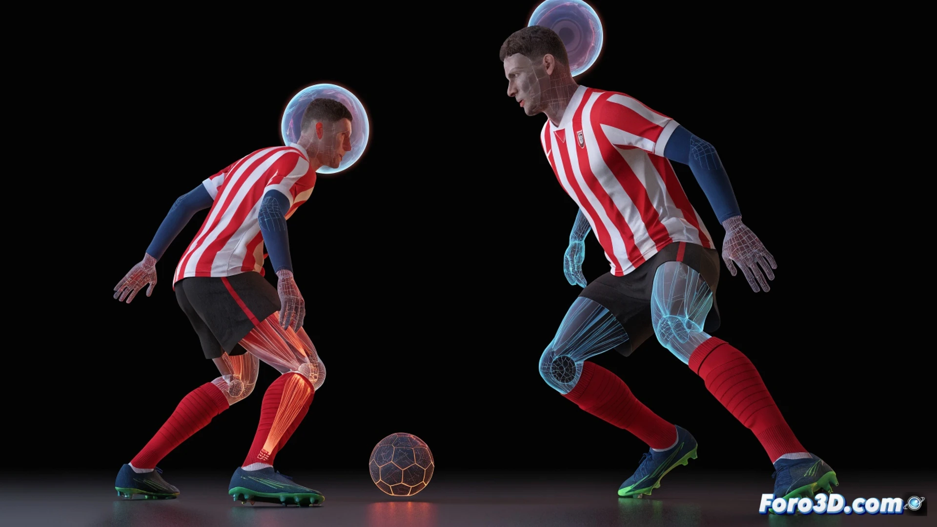 Athletic Club defender Yeray Álvarez performing a sliding tackle intercepting an opponent pass, green grass field with tactical positioning lines and heatmap data overlays, 3D holographic trajectory arrows showing anticipation movement, dual aerial duel win percentage charts hovering near head, glowing recovery zone indicators around feet, technical engineering visualization style, realistic stadium lighting, cinematic low angle shot, photorealistic sports analytics render