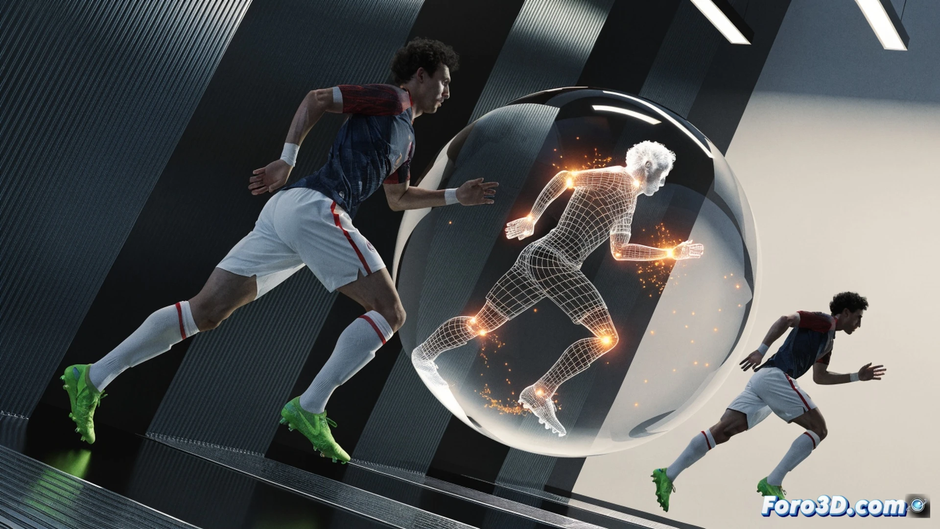 Adrien Rabiot mid-stride during a match, 3D motion capture skeleton overlay highlighting his long gait and wide hip rotation, translucent blue biomechanical lines tracking foot placement and torso lean while receiving a pass, photorealistic stadium grass texture, soft evening floodlight shadows, cinematic sports science visualization, dynamic pose with arms extended for balance, technical illustration style with joint angles and force vectors shown as subtle glowing orange arcs