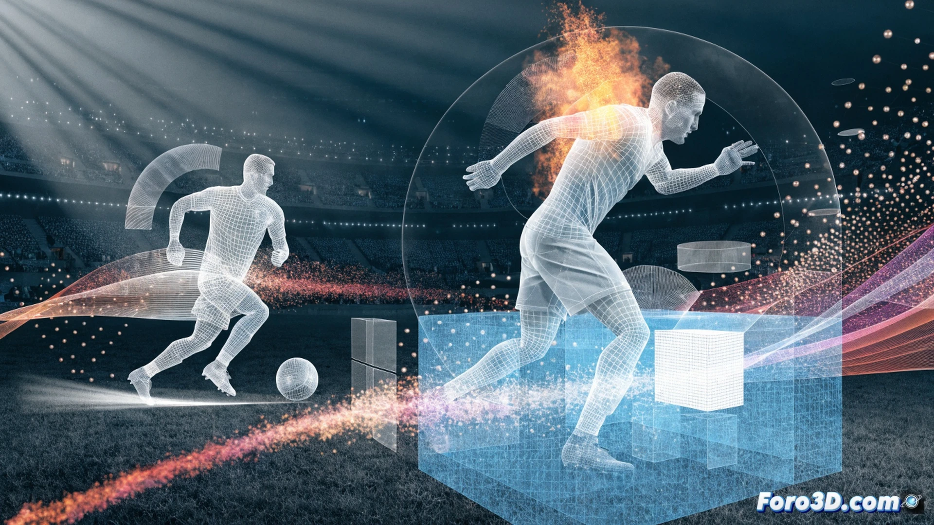 Julián Álvarez en un campo de fútbol renderizado en 3D, cuerpo semitransparente mostrando músculos y huesos en movimiento durante un desmarque de ruptura, líneas de presión táctica y trayectorias de desplazamiento brillando en rojo y azul sobre el césped, un monitor de análisis volumétrico flotando con datos de movimiento y patrones de presión, fondo con gradiente técnico oscuro, iluminación dramática de estudio, estilo cinematic photorealistic engineering visualization, ultra-detallado, texturas de césped y equipo realistas