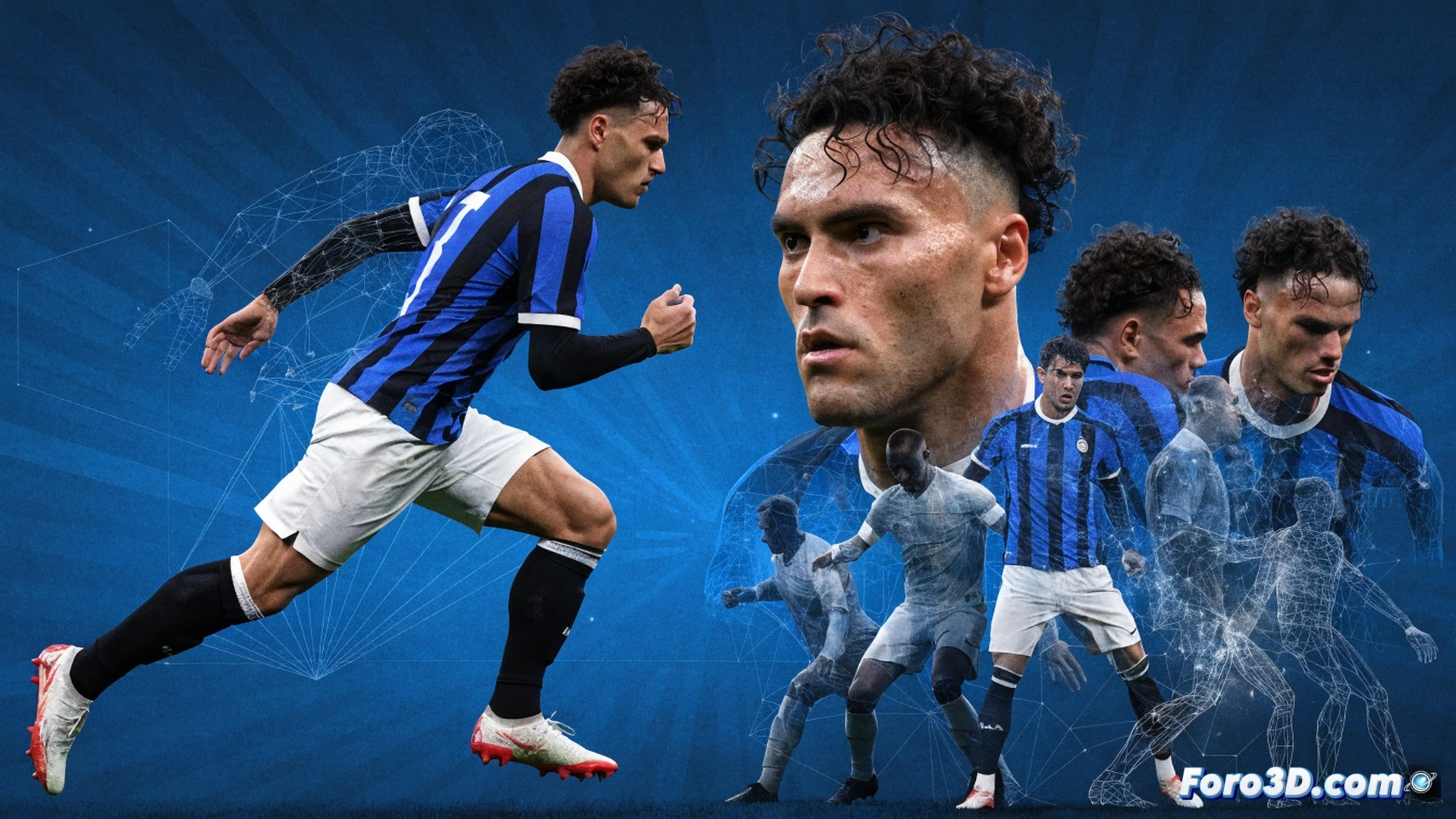 Lautaro Martínez ejecutando un desmarque en ruptura dentro de un campo de fútbol digitalizado, su cuerpo en movimiento mientras líneas vectoriales 3D rojas y azules trazan su trayectoria inteligente, un oponente en fuera de juego durante la presión asfixiante, datos tácticos flotando como hologramas alrededor del estadio, render técnico de visualización deportiva, iluminación dramática de estadio nocturno, texturas de césped hiperrealistas, sombras dinámicas, estilo cinematic photorealistic engineering visualization, cámara lenta congelando el instante previo al gol.
