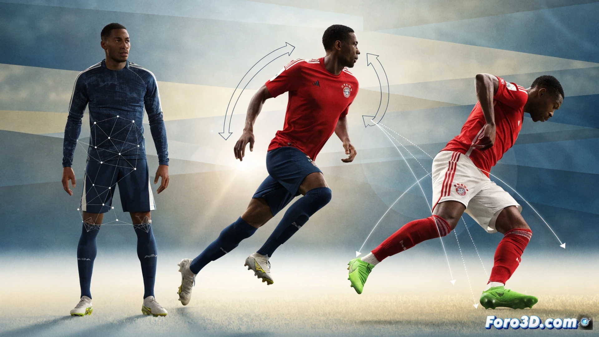 David Alaba en acción táctica 3D, mostrando transición de lateral a mediocentro durante un ataque, movimientos sin balón con líneas de presión curvas, lectura de espacios entre líneas rivales, salida de balón con pase filtrado desde la defensa, estadio iluminado con césped detallado, silueta del jugador en posición de giro, gráficos técnicos superpuestos como flechas de desplazamiento y zonas de cobertura, estilo cinematic photorealistic engineering visualization, profundidad de campo reducida, texturas de césped y equipación realistas, iluminación dramática de partido nocturno