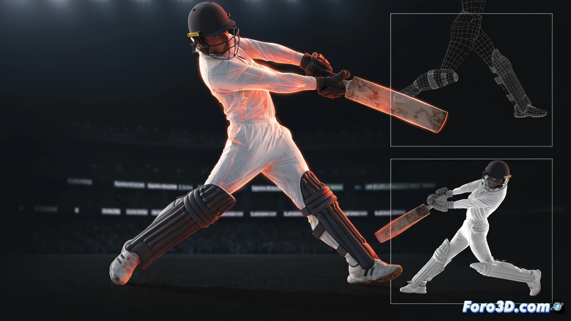 batsman Najmul Hossain Shanto performing a cover drive, volumetric motion capture reconstruction showing his back foot pivot and weight transfer, biomechanical skeleton lines overlaying his torso and arms, bat angle at impact highlighted by a glowing trajectory arc, cricket pitch with stumps and ball trajectory, dark studio background, cinematic engineering visualization, photorealistic technical render, dramatic low-key lighting, muscle strain details visible, ultra-detailed sports biomechanics