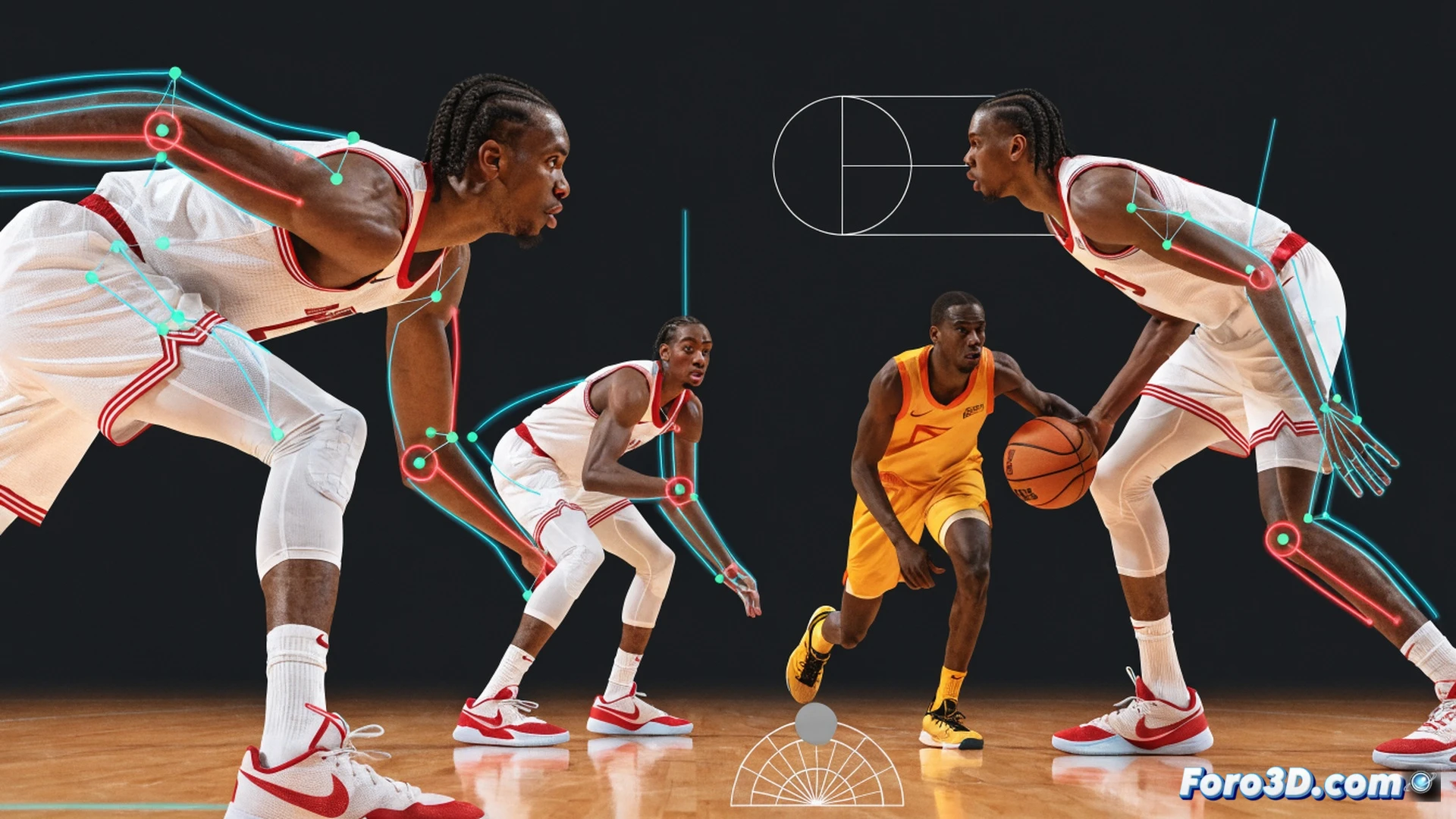 Análisis 3D de Evan Mobley en defensa, postura lateral desplazándose en la pintura, brazos extendidos en geometría angular formando un cono de protección, pies deslizándose sobre la madera sin despegar, líneas cinéticas azules trazando la trayectoria de sus hombros y caderas, una silueta ofensiva roja intentando penetrar, visualización de física aplicada con vectores de fuerza y ángulos de cierre, render técnico fotorrealista, iluminación dramática de estadio, texturas de sudor y madera, profundidad de campo reducida