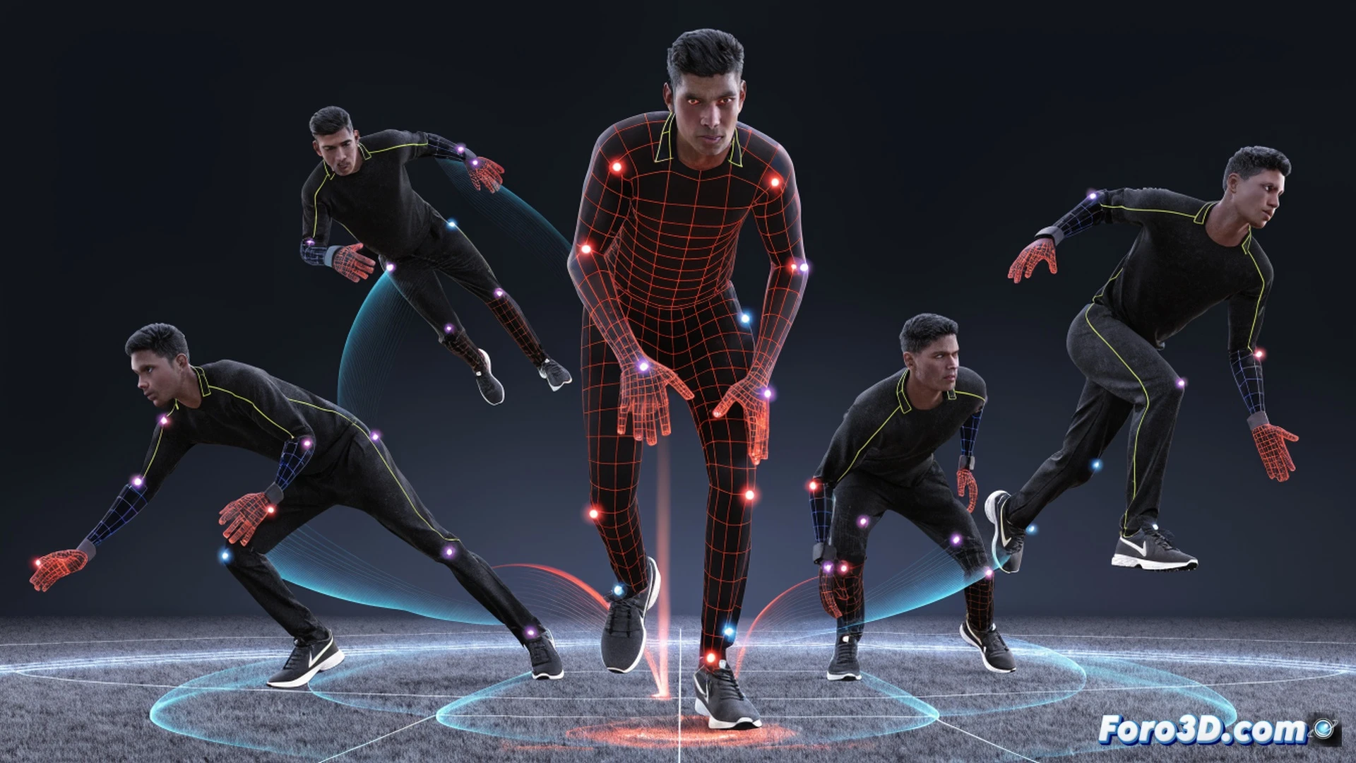 batsman Litton Das in mid-stance at cricket crease, 3D motion capture sensors tracking feet positioning and hip rotation, skeletal wireframe overlay showing real-time body angle adjustment, glowing trajectory lines from bat swing to incoming delivery, biomechanical data points floating around his torso, digital pitch map on ground with ball release zones, photorealistic sports science visualization, dynamic action pose with weight transfer, soft stadium lighting contrasting with neon blue tech elements, ultra-detailed muscle tension lines, cinematic engineering aesthetic