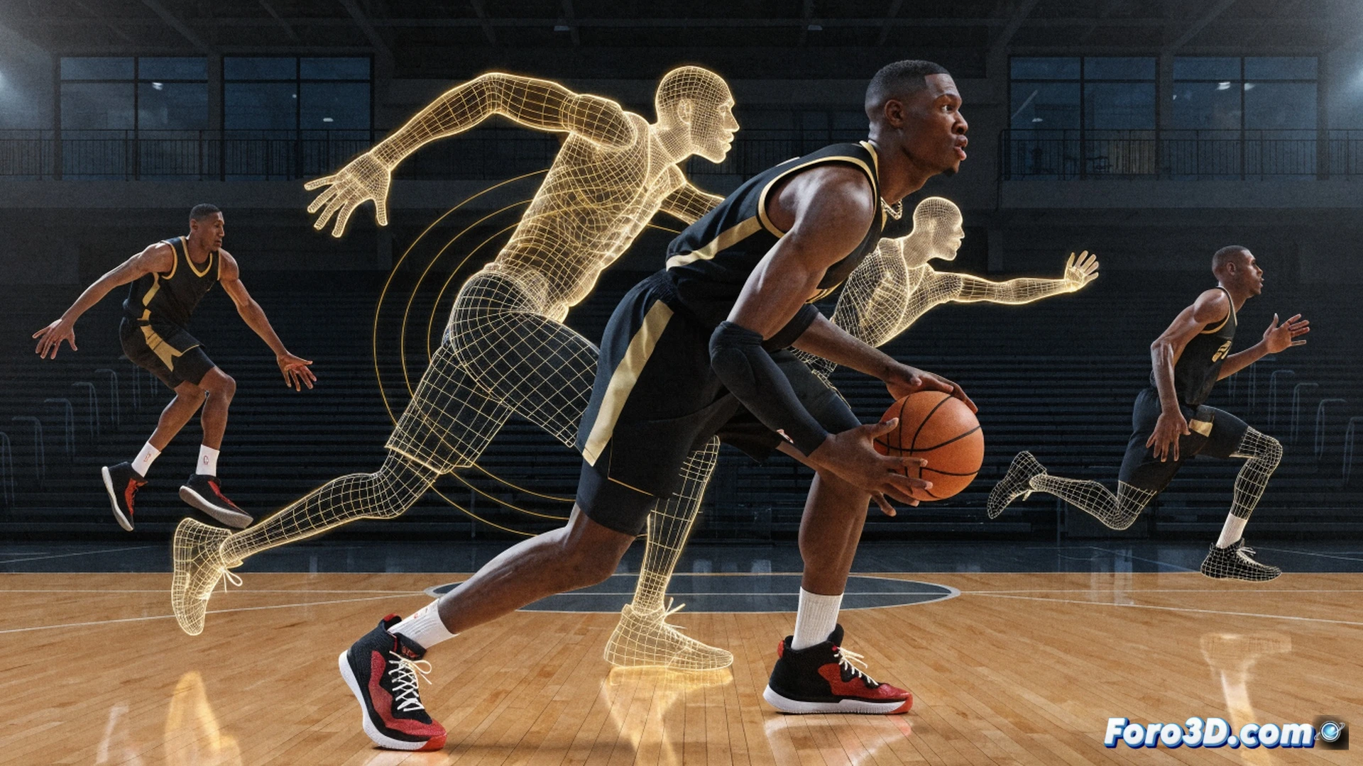 Pascal Siakam executing a spin move in mid-air during a basketball play, 3D motion capture skeleton overlaid on his body showing rotational torque in his torso and hip alignment, glowing trajectory lines tracing his footwork and pivot steps, technical biomechanical visualization, wireframe court floor beneath him, skeletal joints highlighted in neon blue and orange, photorealistic muscle definition visible through transparent skin layer, dynamic motion blur on his jersey, dramatic arena lighting casting sharp shadows, high-contrast cinematic render