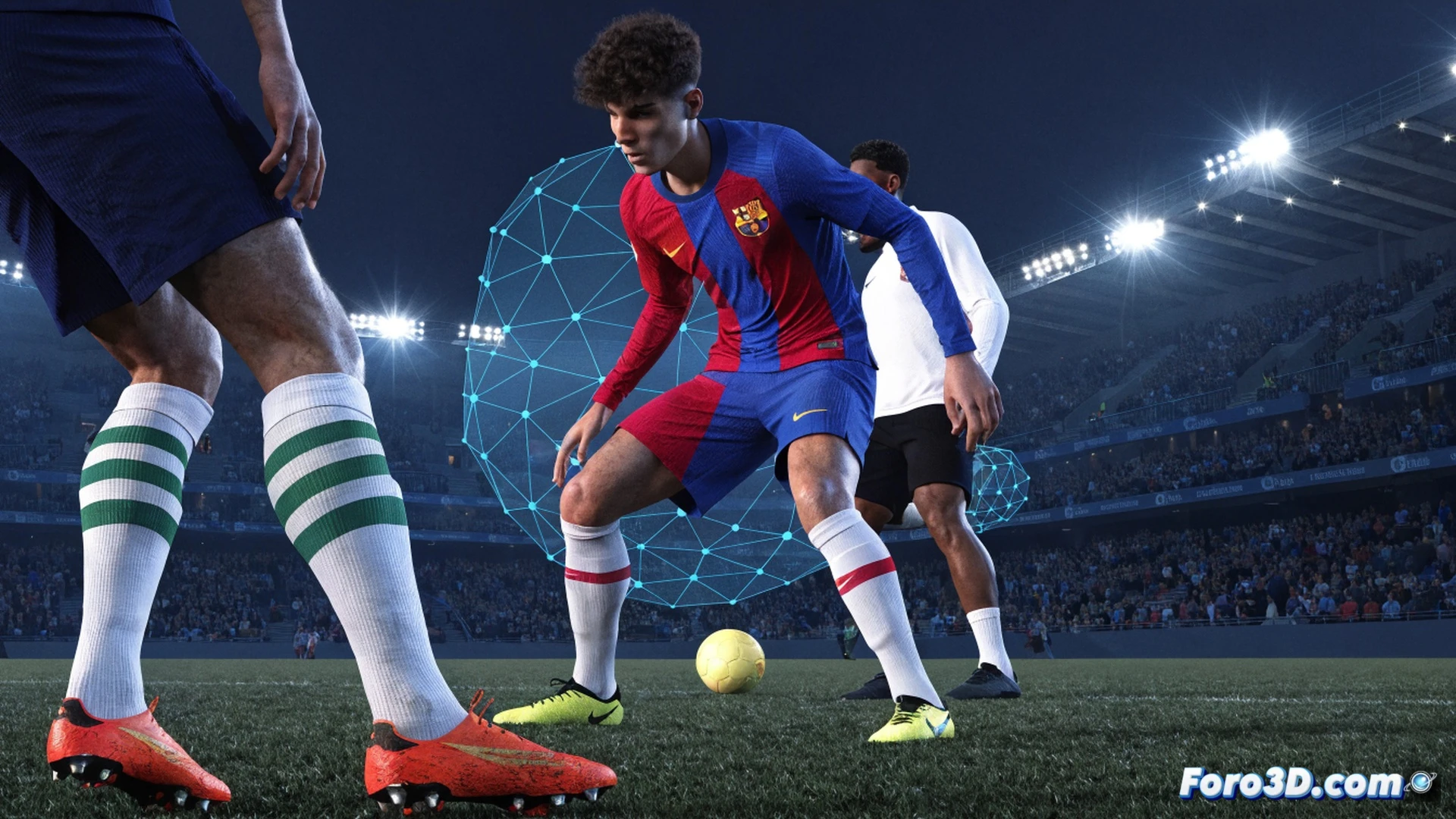 Tres jugadores de fútbol en miniatura sobre un campo verde digital, uno con camiseta azulgrana realizando un movimiento defensivo anticipatorio, su pie izquierdo extendido para interceptar un pase, líneas de trayectoria dinámicas en naranja y azul conectando sus ojos con el balón y el rival, un gráfico de radar superpuesto mostrando ángulos de cobertura y distancia, fondo de pantalla de análisis táctico con diagramas de posicionamiento y zonas de presión, estilo cinematic technical illustration, iluminación de estudio con sombras nítidas, renderizado fotorealista de alta definición
