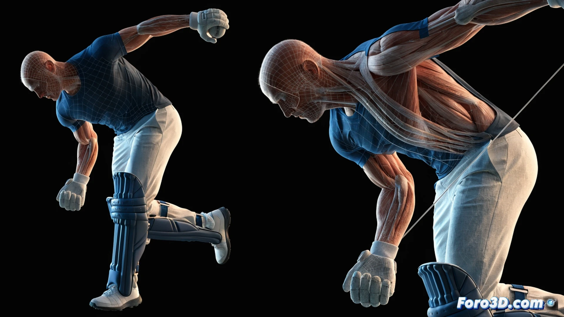 biomechanical 3D analysis of David Warner executing a slice cut, weight shifted forward onto front foot, low bat grip visible, bat face opening at extreme angle to create late cut trajectory, wireframe skeletal overlay showing hip rotation and shoulder alignment, motion path lines tracing bat arc and ball flight, technical engineering visualization, dark studio background with blue grid floor, photorealistic muscle and joint rendering, high-speed camera freeze-frame aesthetic, dramatic side lighting highlighting tendon tension and bat angle, ultra-detailed cricket gear texture, cinematic sports science illustration