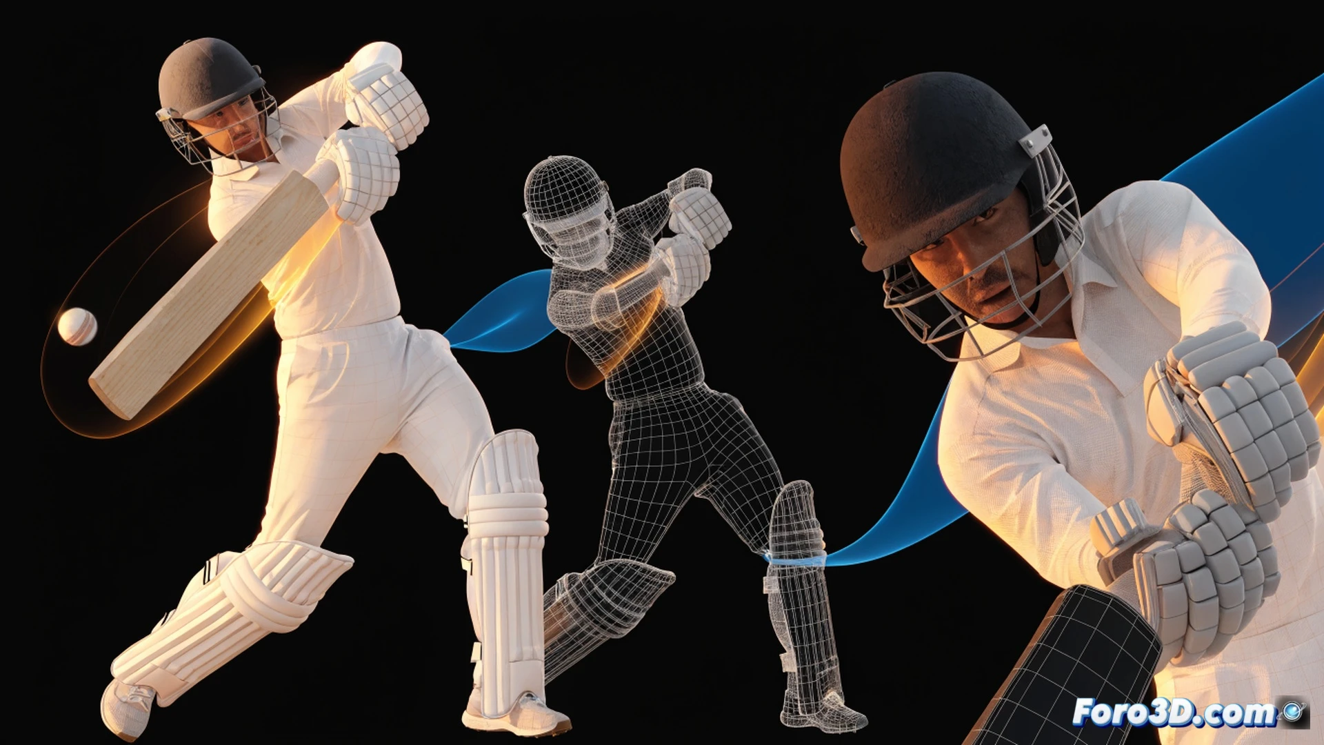 professional cricket analysis software interface, 3D wireframe skeleton of Babar Azam mid-drive, glowing joint markers highlighting weight transfer from back to front foot, translucent trajectory lines tracing bat angle through impact zone, wrist position outlined with neon orange vectors, motion capture dots on hips and shoulders demonstrating rotational torque, dark studio background with subtle grid floor, technical illustration style, blue and cyan data overlays, photorealistic render with cinematic rim lighting, ultra-sharp focus on biomechanical details