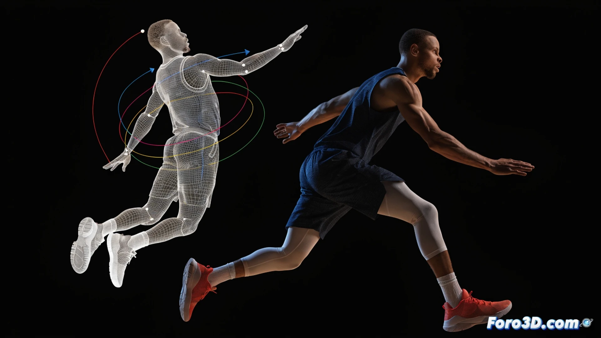 three-dimensional biomechanical analysis of Stephen Curry in motion, showing his jump shot release with highlighted angle of elevation lines, rapid ball release trajectory marked by dashed vectors, and off-ball movement path weaving around a defender, technical engineering visualization style, transparent skeletal overlay indicating joint angles and muscle activation, basketball court floor beneath with arc lines, golden state blue and yellow accent colors, photorealistic render with motion blur on jersey, glowing trajectory arcs from ball to hoop, dramatic arena lighting from above, ultra-detailed shoe grip texture and sweat particles, cinematic sports science illustration