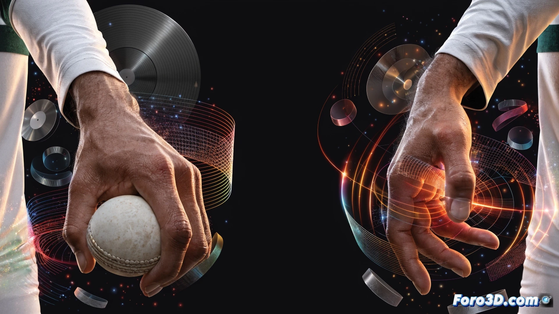 Sunil Narine wrist during delivery, hand rotating at extreme angle, wrist joint displaying precise servo-like rotation vectors, glowing trajectory lines tracing ball spin axis from release point, 3D wireframe overlay showing rotational data and biomechanical angles, cricket pitch background with blurred batsman, technical engineering visualization, photorealistic render, dramatic stadium lighting, high-speed motion freeze frame, detailed skin texture and muscle tension, blue and orange vector arrows indicating spin direction, ultra-sharp focus on wrist mechanics