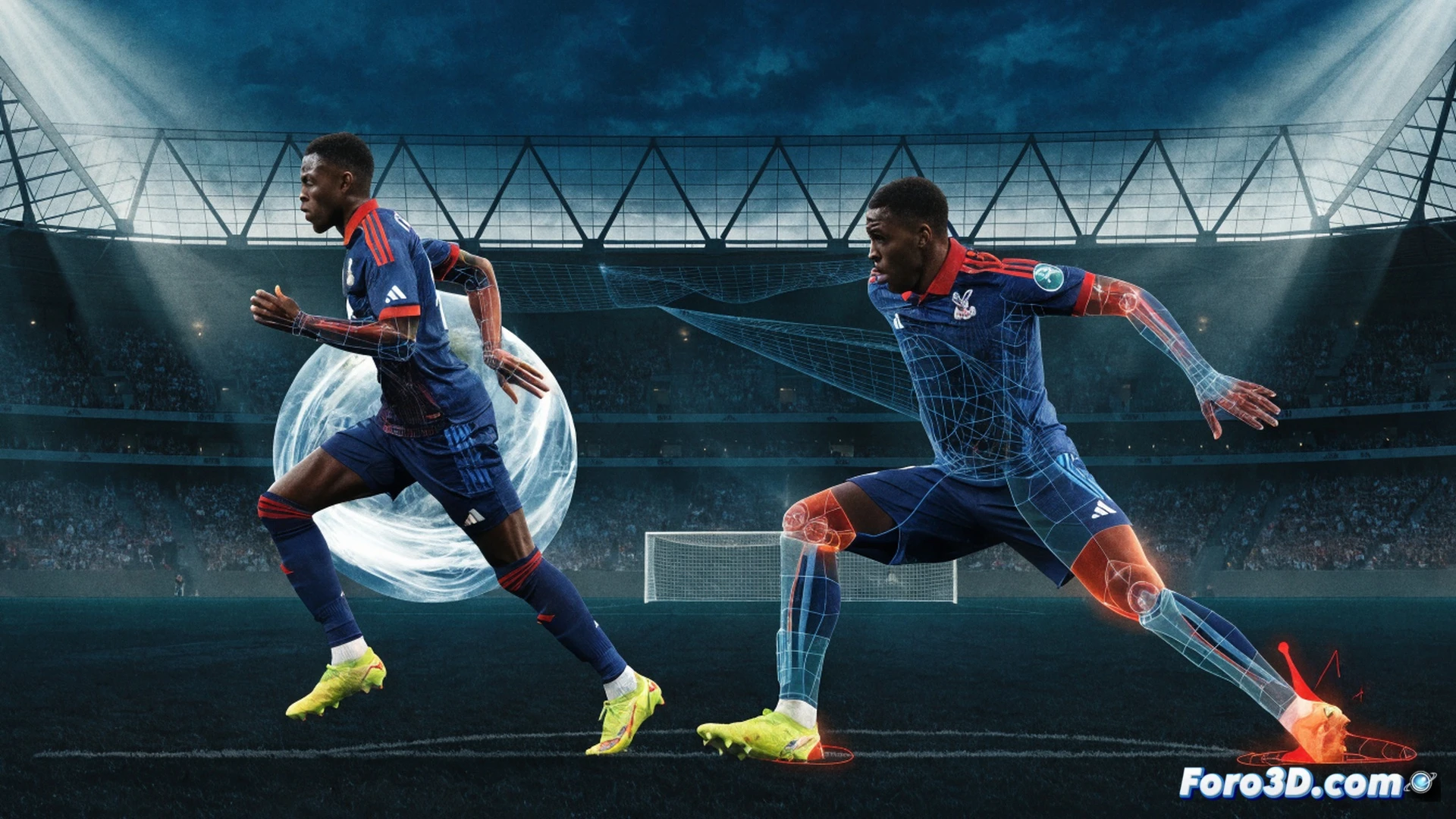 photorealistic technical illustration of a 3D biomechanical analysis showing a striker generating explosive power during a surgical off-the-ball run, red and blue motion trajectory lines tracking his acceleration and timing into the penalty area, semi-transparent skeletal overlay highlighting hip torque and leg drive, football at his feet mid-stride, defender frozen in poor positioning, stadium floodlight shadows emphasizing depth, engineering visualization with wireframe grid floor and angular camera perspective, ultra-detailed muscle tension and fabric folds, cinematic dramatic lighting