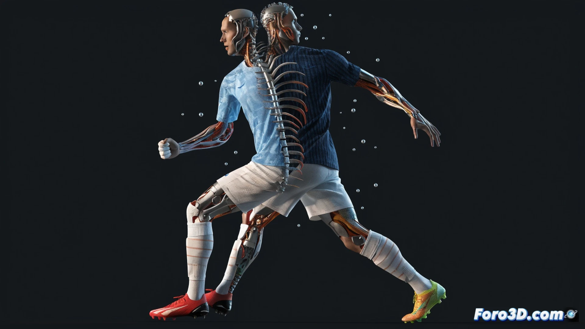 Noussair Mazraoui en animación táctica 3D, moviéndose desde la banda derecha hacia el interior del campo, ocupando espacio entre líneas rivales, mientras su silueta semitransparente muestra rutas de desplazamiento sin balón, indicadores de presión defensiva y zonas de cobertura, sobre un campo de fútbol digital con líneas tácticas superpuestas, entorno de software de análisis deportivo, interfaz de simulación con nodos de datos y gráficos de calor, estilo cinematic technical illustration, iluminación de estudio, sombras suaves, renderizado hiperrealista