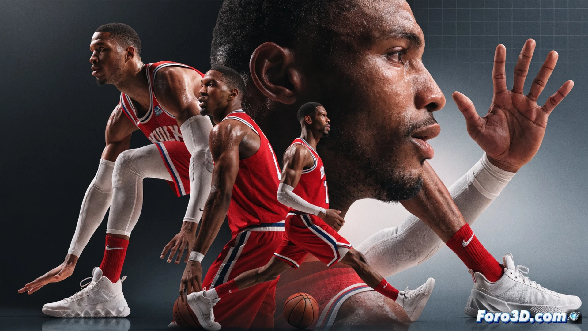 basketball player Mikal Bridges in defensive stance, arms wide showing wingspan, tracking an invisible opponent without the ball, feet sliding laterally on polished court, 3D wireframe overlay highlighting joint angles and limb trajectories, red defensive pressure zone radiating from his torso, blue passing lanes mapped as dashed lines behind him, cinematic technical illustration, volumetric arena lighting, deep shadows under the basket, photorealistic render with engineering visualization style, motion blur on sneakers, court reflection subtle