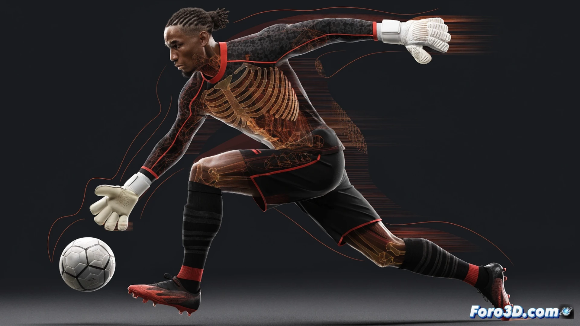 Mike Maignan diving horizontally to save a low-driven shot, left hand fully extended fingertips grazing the ball, right foot pushing off the turf with cleats digging into grass, background showing a 3D wireframe overlay of his body tracking movement vectors and reaction time lines, football pitch with goalposts and net in soft focus, cinematic sports photography style, dynamic motion blur on the ball, neon blue and green trajectory arcs illustrating his reflexes, ultra-detailed muscle tension in his arm and leg, photorealistic lighting with stadium floodlights, technical biomechanics visualization