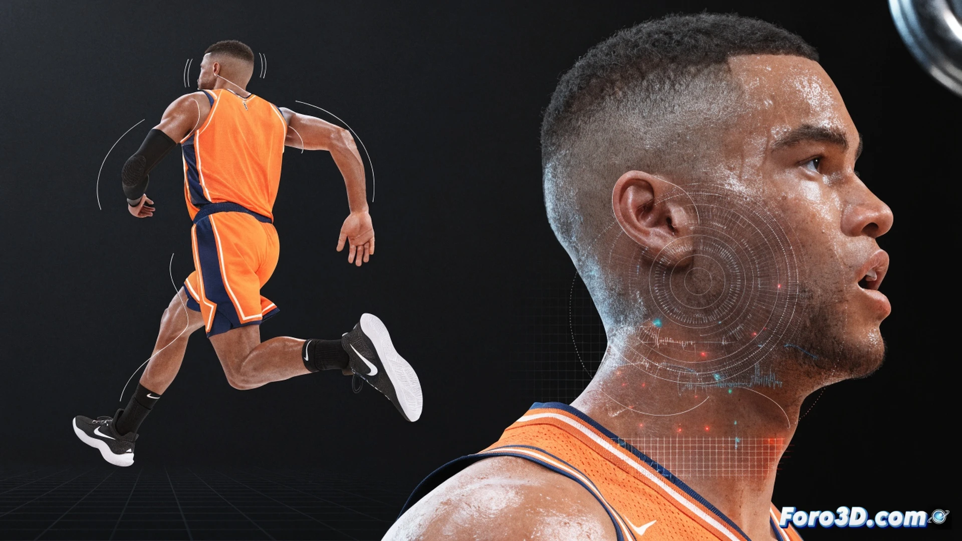 Basketball court at night, Miles McBride in defensive stance, lateral quick-step motion blur, glowing blue trajectory lines tracing his feet movement, opponent being cut off by his hip, transition read diagram floating in air with red arrows showing passing lanes, wireframe skeleton overlay highlighting hip torque and ankle angle, dark blue and orange Knicks colors, volumetric fog under arena lights, photorealistic engineering visualization, ultra-detailed muscle tension in legs, sweat droplets frozen mid-air, cinematic technical illustration