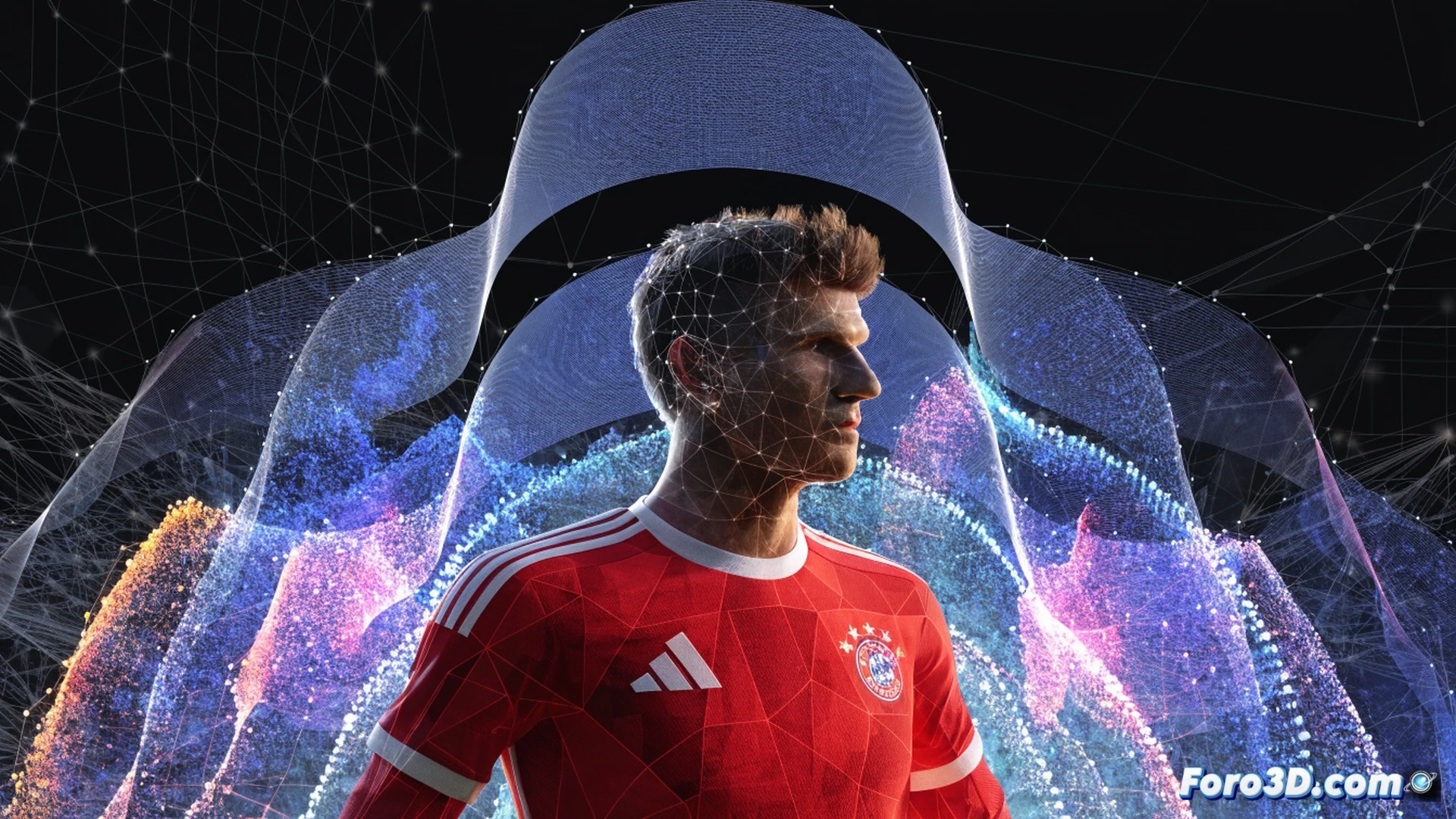 three-dimensional tactical heatmap analysis of Thomas Mueller on a football pitch, ghosted player silhouettes moving through defensive lines, glowing red and blue position nodes forming complex spatial patterns, broken traditional heatmap grid behind him, augmented reality interface with floating motion trajectories, wireframe player model showing off-ball movement, multiple translucent copies of the same player creating numerical superiority, dark stadium background with tactical grid lines, cinematic technical illustration, photorealistic volumetric lighting, deep shadows, high contrast, dynamic action freeze-frame, detailed player kit textures, grass blades and pitch markings visible, ultra-sharp engineering visualization
