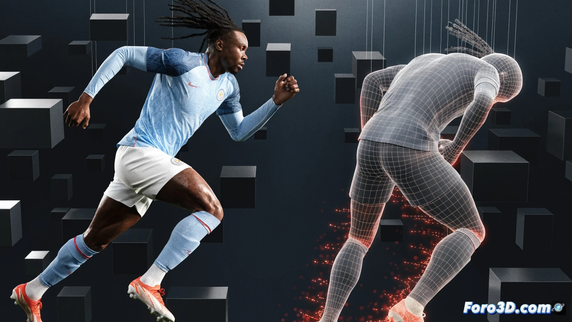 Odsonne Édouard 3D motion analysis, delantero del Leicester City girando con el cuerpo para proteger el balón de un defensor, mostrando su físico imponente mientras recibe de espaldas al arco, líneas de movimiento y vectores de presión destacando su lectura del espacio en el área rival, interfaz de software de biomecánica con gráficos de calor y trayectorias de desplazamiento, estilo cinematic technical illustration, iluminación de estadio, fondo de césped y gradas desenfocadas, render fotorrealista de alta definición