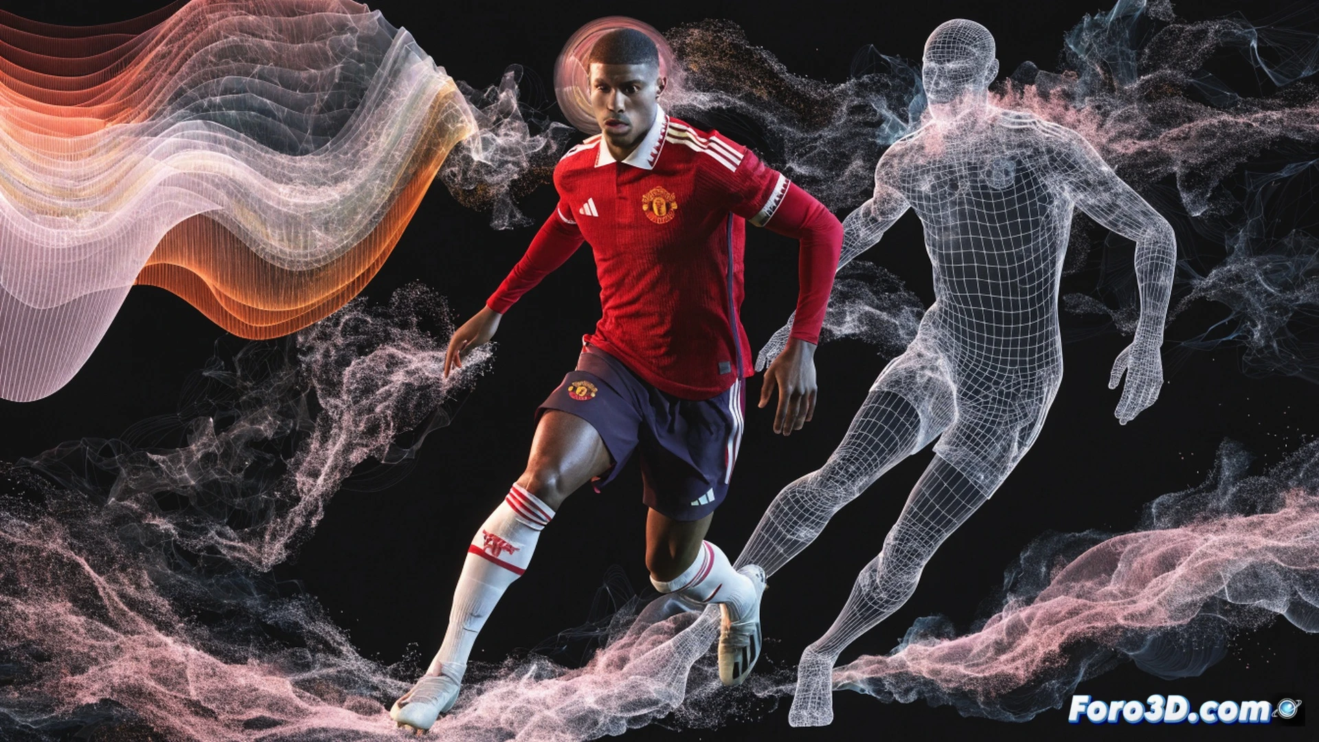 Marcus Rashford en plena arrancada explosiva, biomecánica de piernas mostrando tensión muscular y ángulos articulares, tracking volumétrico de su movimiento sin balón con líneas de trayectoria y datos de presión, fondo de campo del Manchester United con marcadores tácticos y zonas de calor, herramientas de análisis 3D visibles como wireframes corporales y gráficos de velocidad, estilo cinematic photorealistic con iluminación de estadio nocturno, colores rojo y negro predominantes, movimiento congelado con estela dinámica, render técnico de alta definición