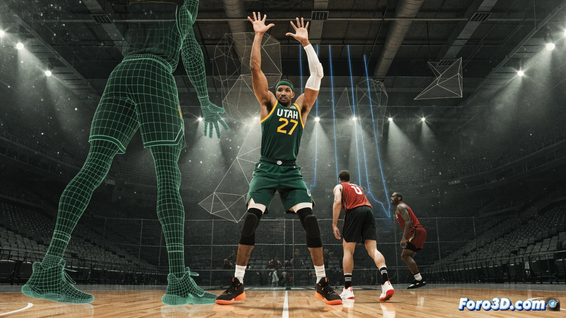 Basketball player mid-air blocking a shot, enormous wingspan fully extended, one hand near rim, opponent's arm angled awkwardly below, court perspective from baseline, defensive stance with bent knees and wide base, motion blur on jersey number 27, sweat droplets frozen in air, dramatic arena floodlights casting sharp shadows, photorealistic sports photography style, ultra-detailed muscular definition, wood grain on court visible, net fibers displaced, high-contrast cinematic lighting, Canon 85mm f1.4 lens simulation, peak athletic tension captured at 1/4000 shutter speed