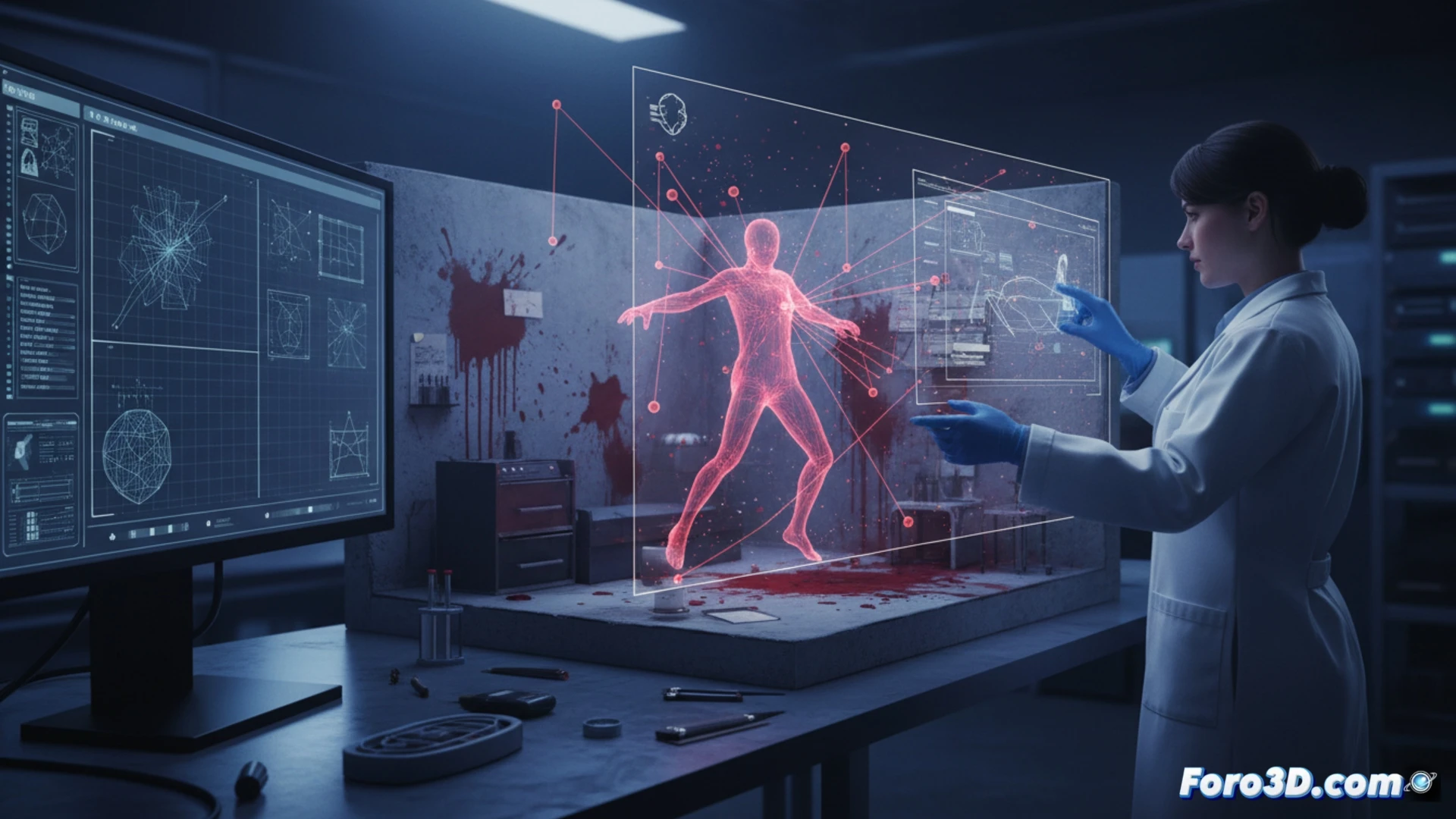 Escena 3D de salpicaduras de sangre con trayectorias calculadas por fotogrametría forense