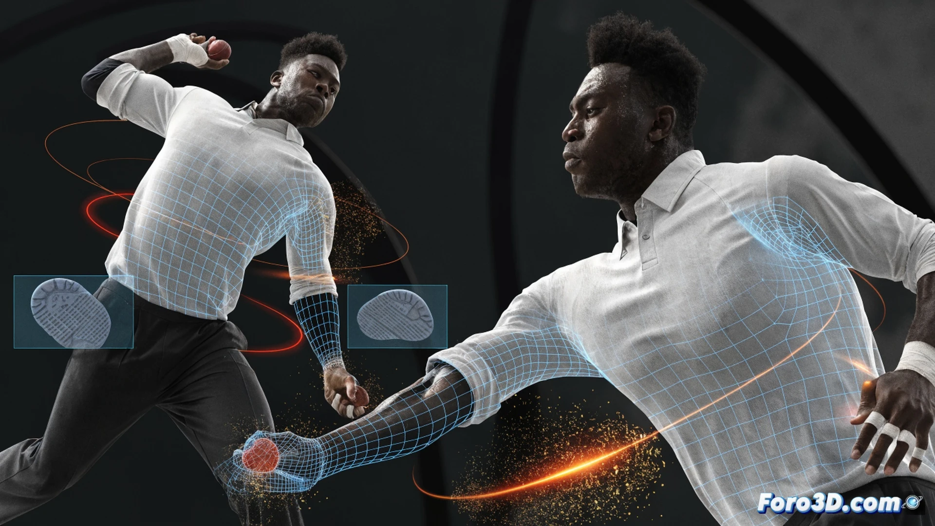 cricket batsman Sherfane Rutherford mid-swing, full force transfer onto back foot, hips rotating explosively, bat meeting ball at high impact point, ball compressing against bat surface, 3D motion capture skeleton overlay showing joint angles and power vectors, biomechanical analysis lines tracing hip rotation and weight shift, dark studio background with dramatic rim lighting, cinematic sports science visualization, photorealistic human anatomy with glowing technical wireframes, muscle tension visible through jersey, sweat droplets frozen mid-air, ultra-detailed bat grain and ball seam texture