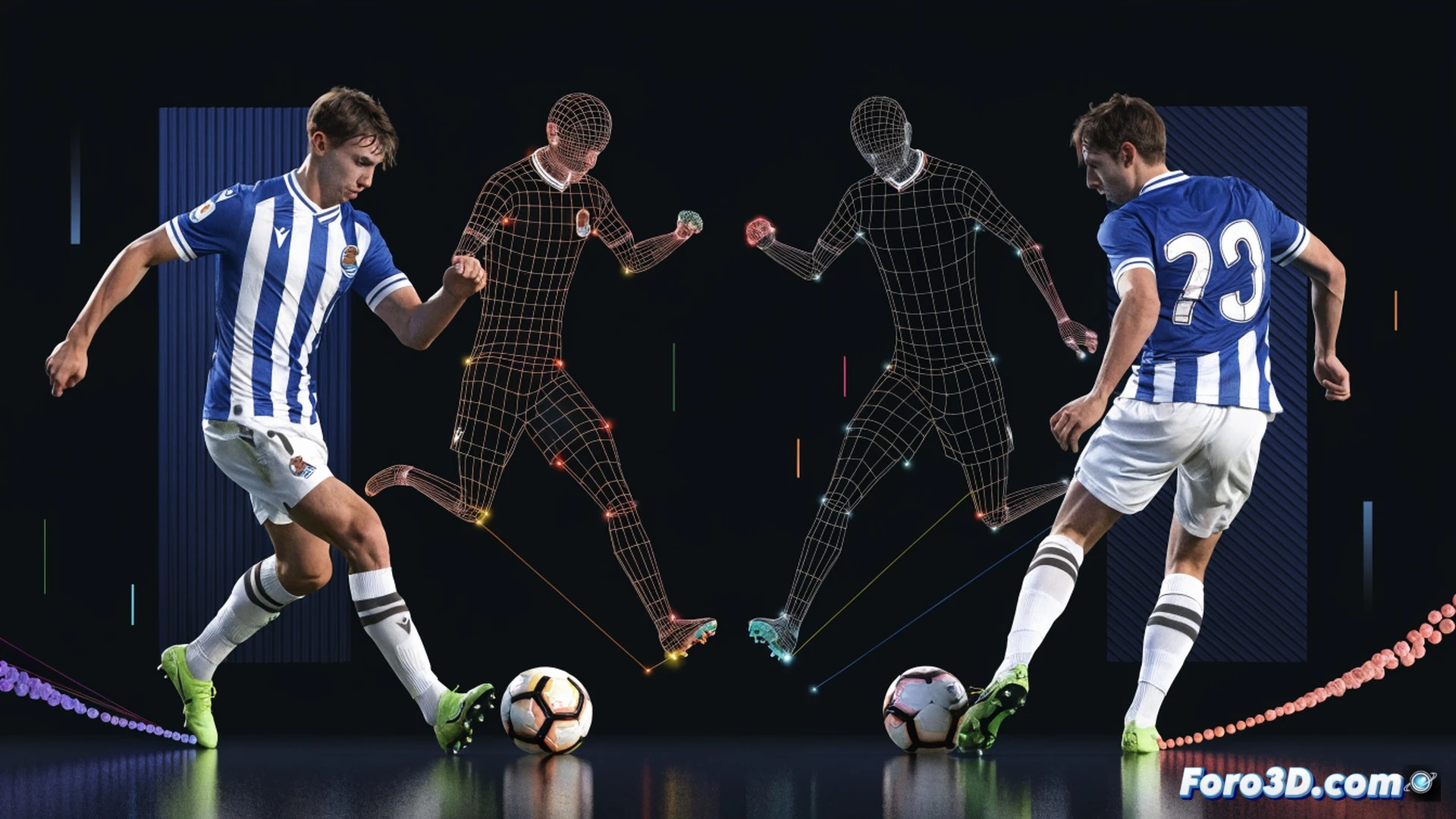 Real Sociedad midfielder Luka Sučić receiving the ball between defensive lines near the penalty arc, left-footed striking motion captured mid-swing with technical trajectory lines showing shot path toward the top corner, 3D wireframe overlay highlighting hip rotation and foot contact zones, tactical heatmap on the pitch surface indicating arrival zones from second line, cinematic technical illustration style, stadium floodlighting casting sharp shadows, photorealistic player model with translucent anatomical overlay, motion blur on the striking leg, engineering visualization aesthetic