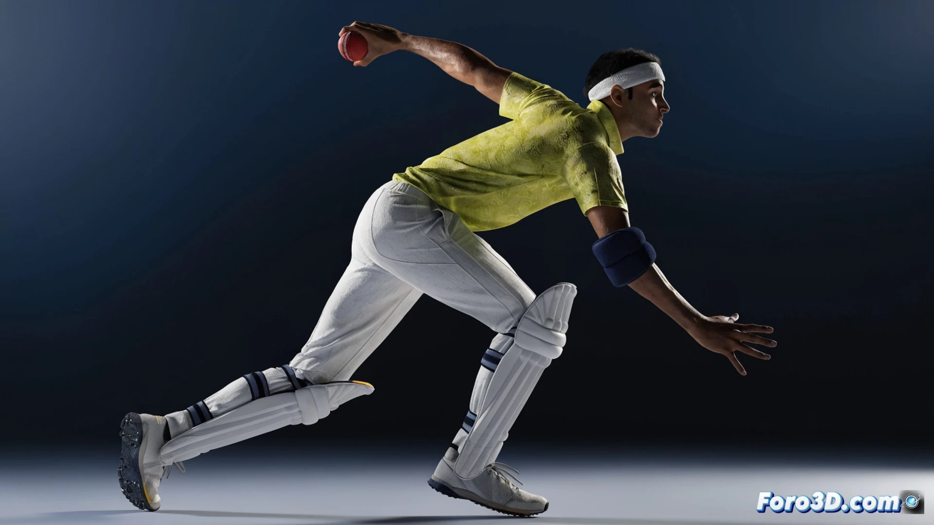 cricket fast bowler in mid-delivery stride, releasing ball at low angle with late swing visible, biomechanical analysis overlay showing efficient hip rotation and minimal energy loss, 3D motion capture skeleton tracking joint angles, wireframe grid mapping body mechanics, high-speed camera style frozen motion, ball trajectory curving sharply near batsman, glowing blue force vectors from hip to shoulder, dark studio background with soft rim lighting, photorealistic technical illustration, cinematic sports science visualization, ultra-detailed muscle tension and fabric wrinkles