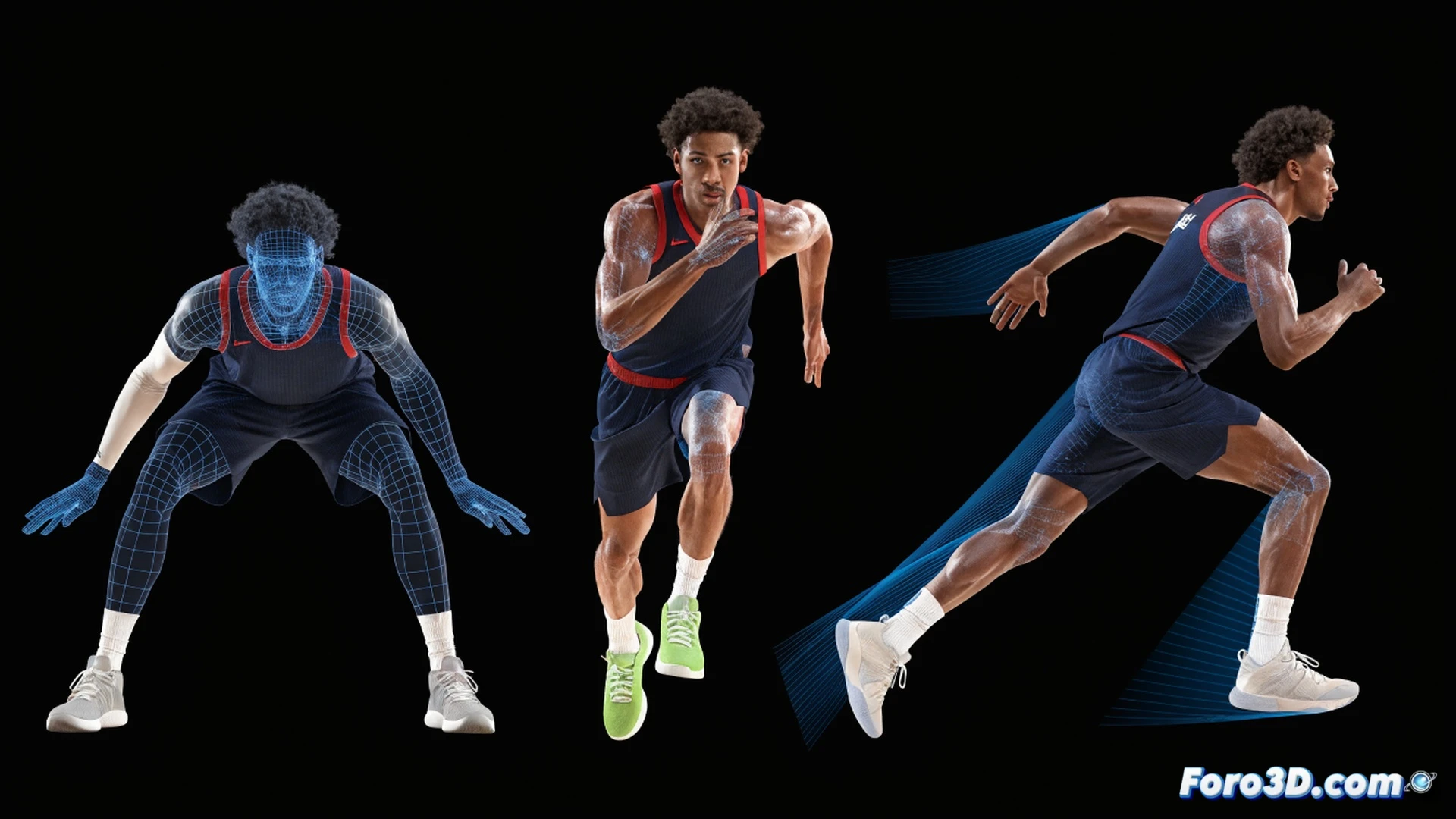 three-dimensional basketball court analysis view, Terance Mann executing a backdoor cut while defender reacts late, glowing trajectory lines tracing his acceleration path from wing to baseline, translucent defensive perimeter zone shown as a half-sphere around him, wireframe player model with highlighted muscle activation in legs and core during sudden directional change, technical engineering visualization with grid floor and motion capture dots, cinematic volumetric lighting from arena spotlights, dark navy Clippers jersey with motion blur on jersey fabric, court wood texture visible with parallax mapping, ultra-detailed anatomical overlay showing hip rotation and footplant mechanics, photorealistic sports science render