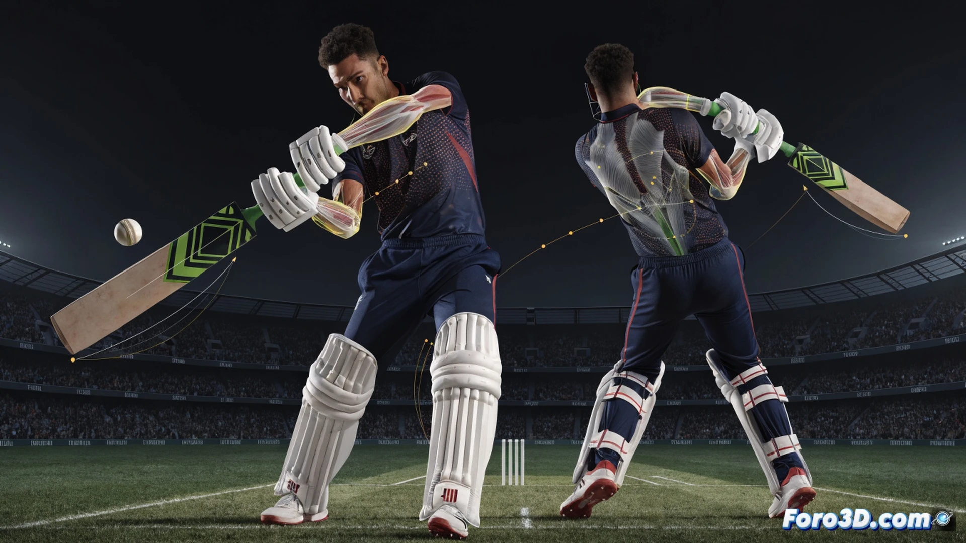 Tim David mid-swing in a biomechanical 3D motion-capture studio, neon skeletal wireframe overlaid on his torso and arms showing torque transfer, glowing joint angles and force vectors radiating from hips through shoulders to bat, stadium lights behind, cricket ball compressing against bat face with impact deformation lines, photorealistic engineering visualization, dark volumetric lighting, high-speed freeze-frame action, ultra-detailed muscle tension and carbon-fiber bat texture