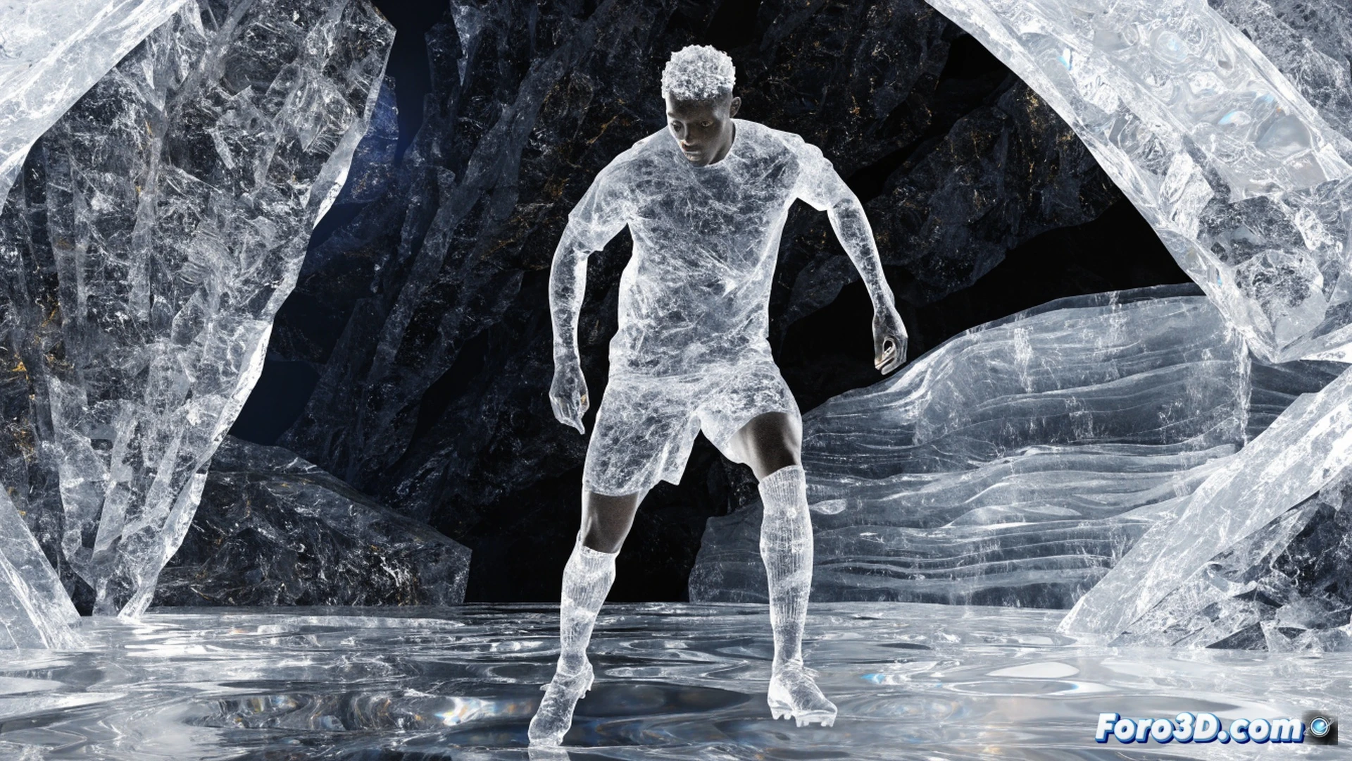 3D football player model analysis interface showing a transparent digital human figure with highlighted knee joint in red warning color, medical scan data floating around the leg area, fracture lines visible on bone structure, tactical formation grid in background, player sprinting animation frozen mid-action with motion blur effect, realistic muscle tissue rendering, high-tech sports science lab environment, blue and orange holographic data streams, photorealistic cinematic visualization, dramatic spotlight from above, ultra-detailed anatomical textures, professional sports medicine illustration style