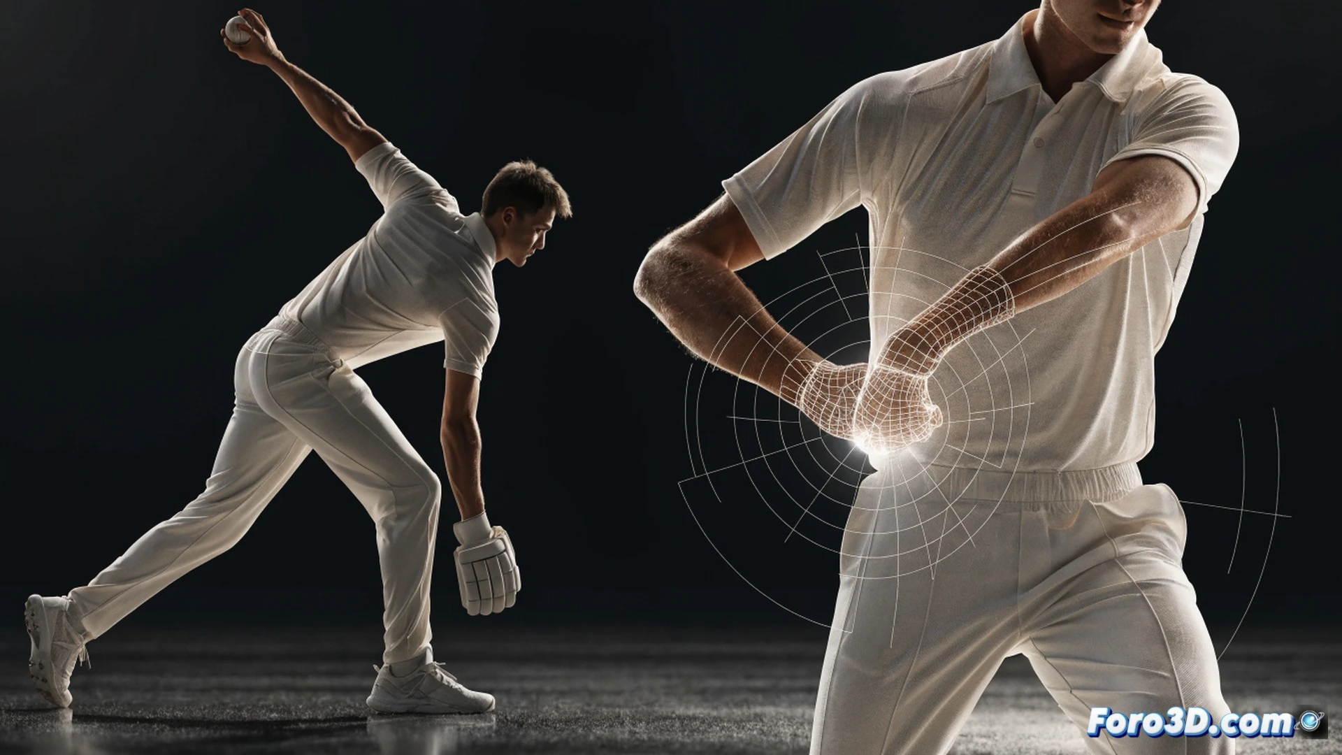 professional cricket batter Will Jacks in mid-swing, high-speed 3D motion capture studio, biomechanical analysis overlay showing wrist rotation and elbow angle vectors during compact T20 shot, neon blue and orange tracking markers on his forearm and bat, slow-motion action freezing the moment of impact, holographic data panels floating nearby displaying swing path and joint angles, dark studio background with grid lines, cinematic technical visualization, photorealistic engineering render, dramatic spotlight on the bat-ball contact zone, sweat droplets frozen in air, ultra-detailed muscle tension and gear shadows